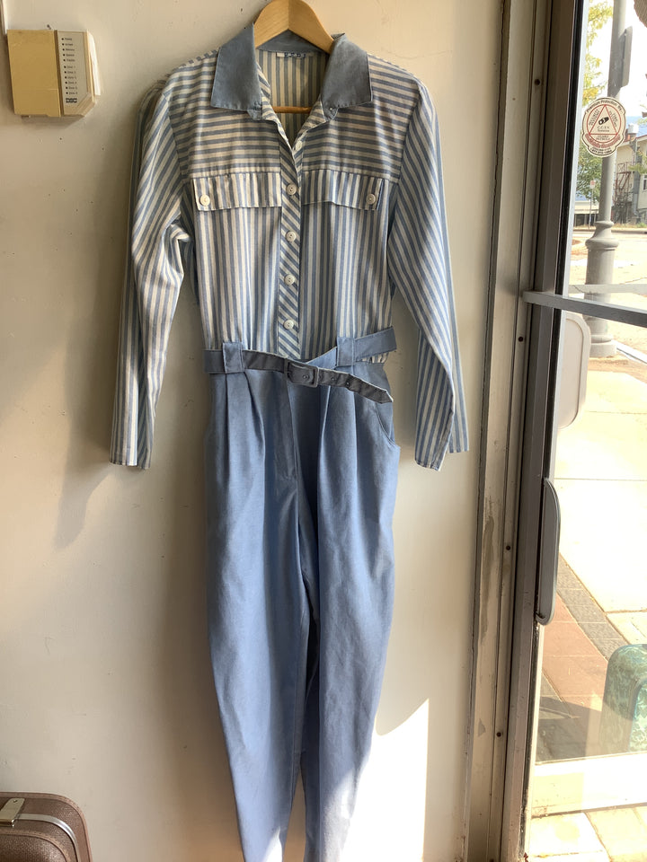 Vintage Blue Striped Belted Jumpsuit