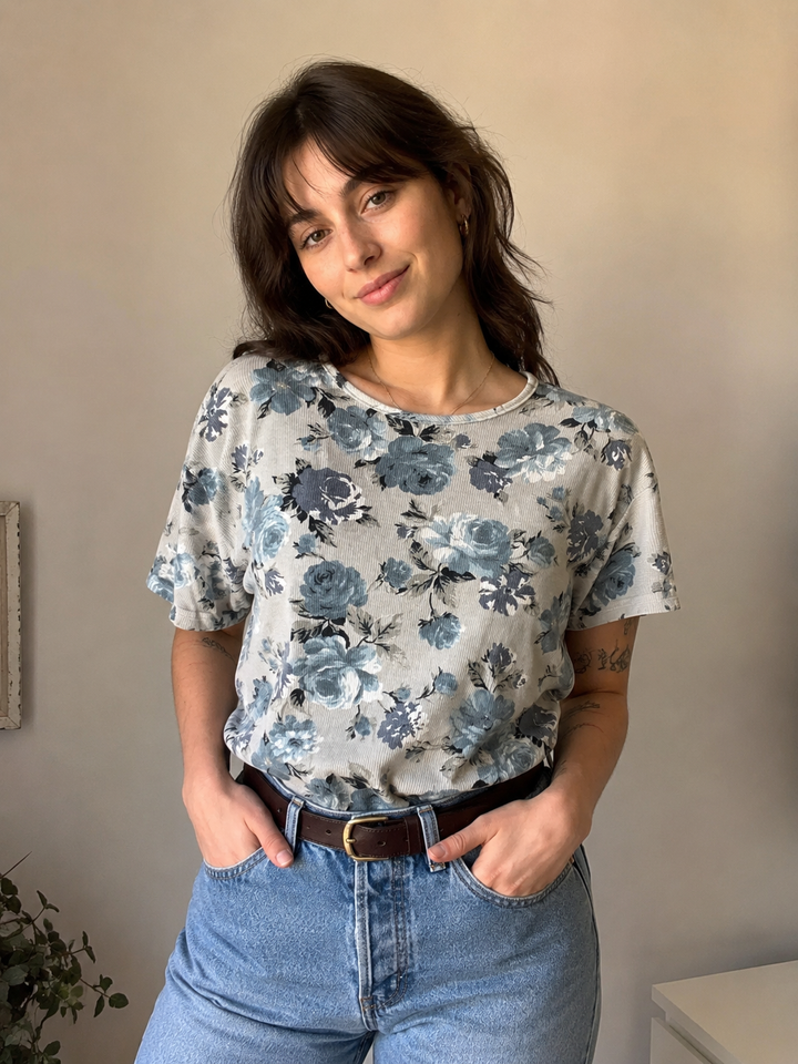 Vintage Blue Rose Ribbed Tee