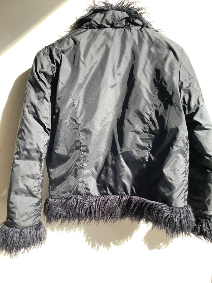 Y2K Suzy Shier Faux Fur Trim Black Jacket