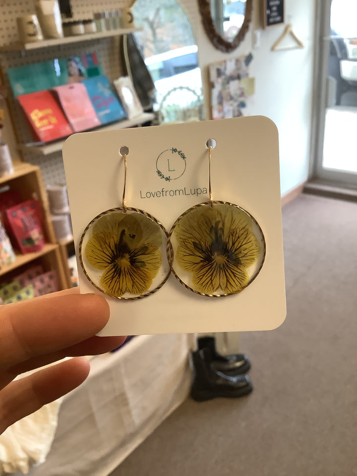 Golden Pansey Resin Earrings- Love From Lupa
