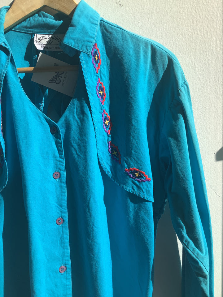 90s Side Saddle Teal Embroidered Western Shirt