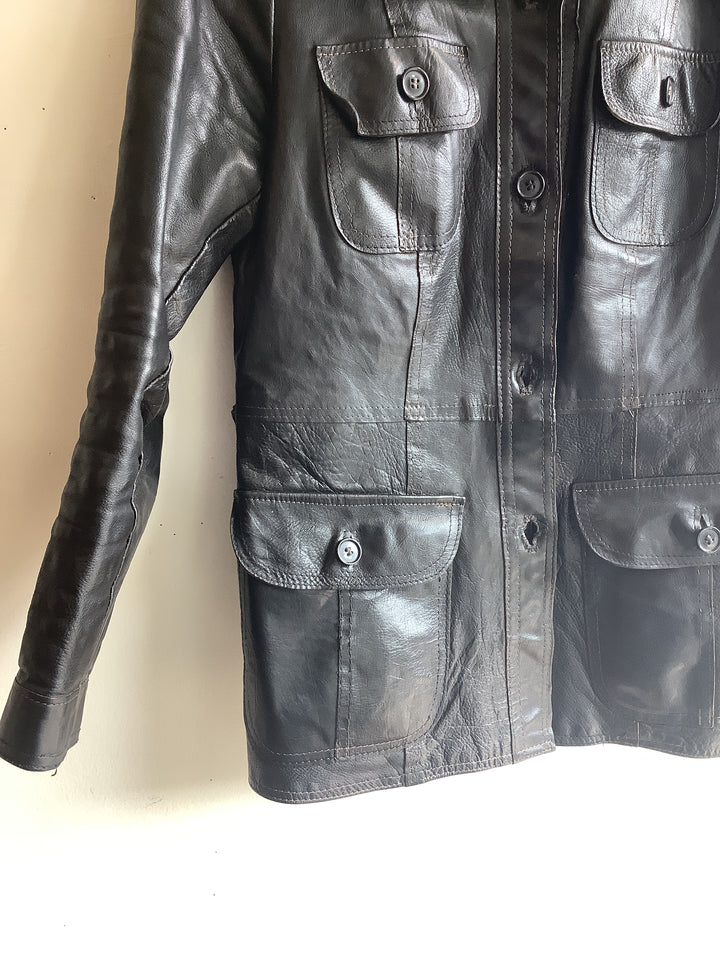 Vintage Black Leather Utility Jacket