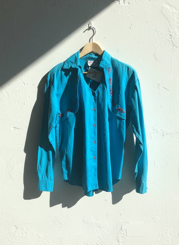 90s Side Saddle Teal Embroidered Western Shirt