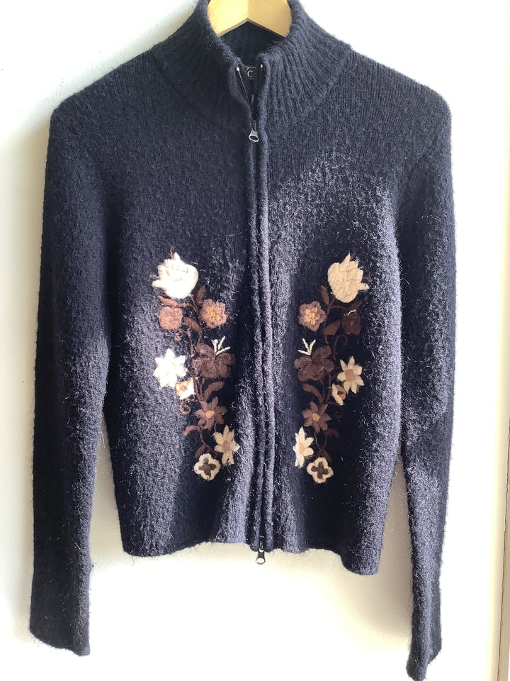 Vintage Black Floral Embroidered Zip Cardigan