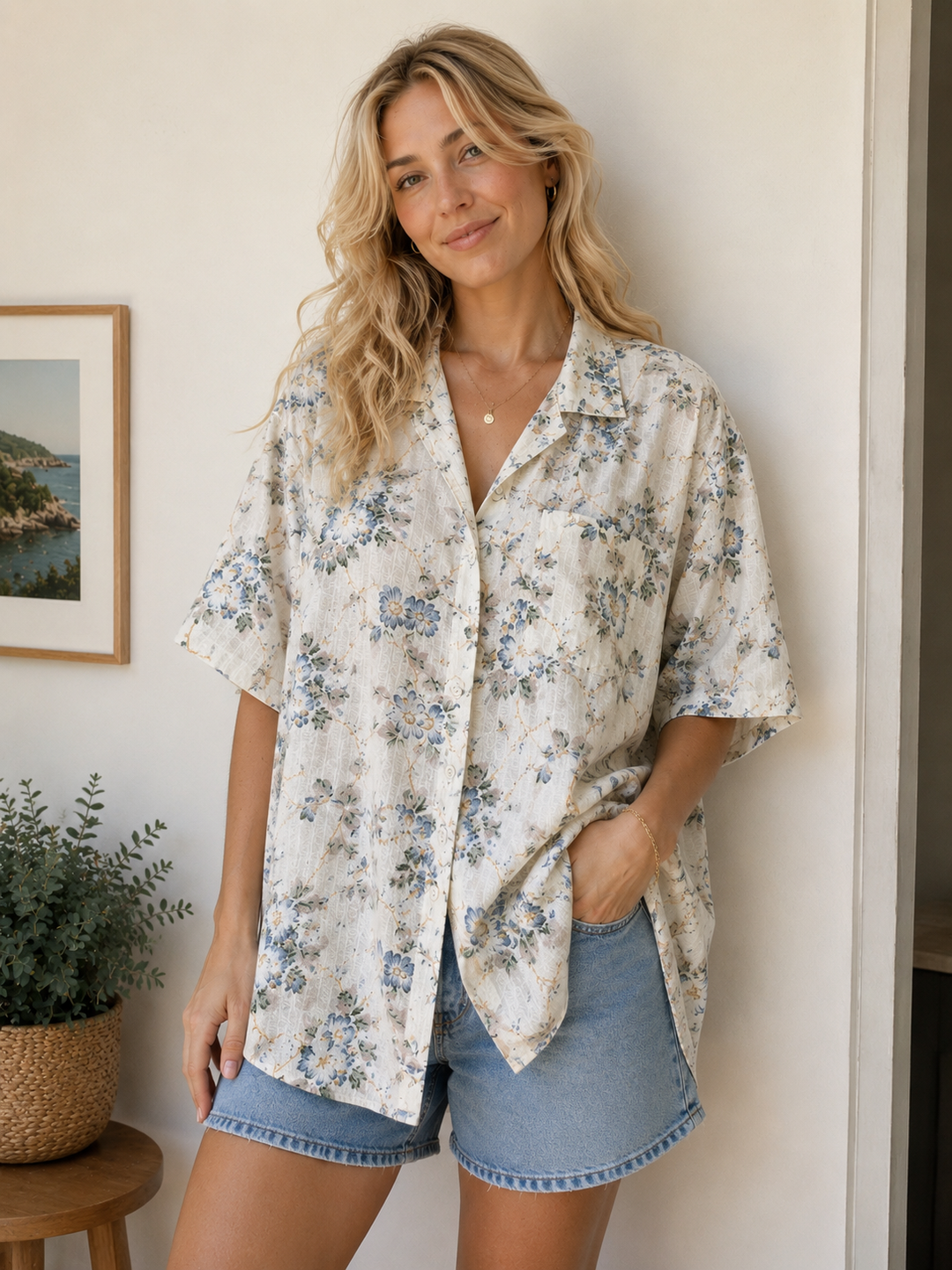 Vintage Penmans Plus Blue Floral Linen Blend Blouse