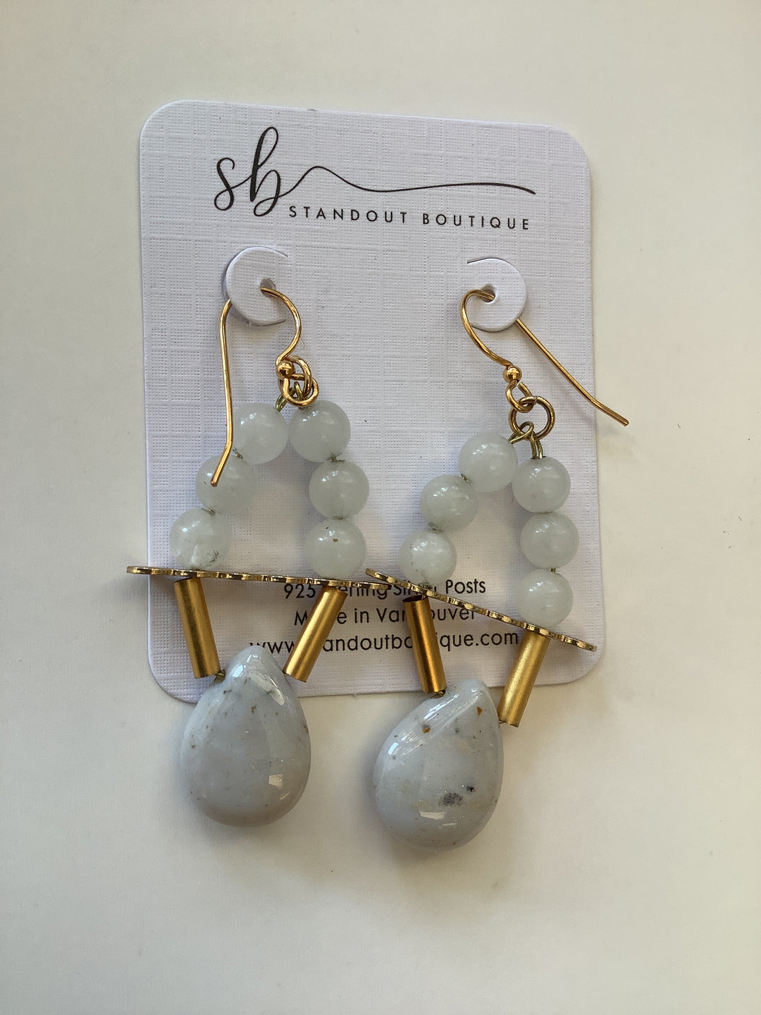 White Jade Agate Gold Dangle Earrings - Standout Boutique (Vancouver, BC)