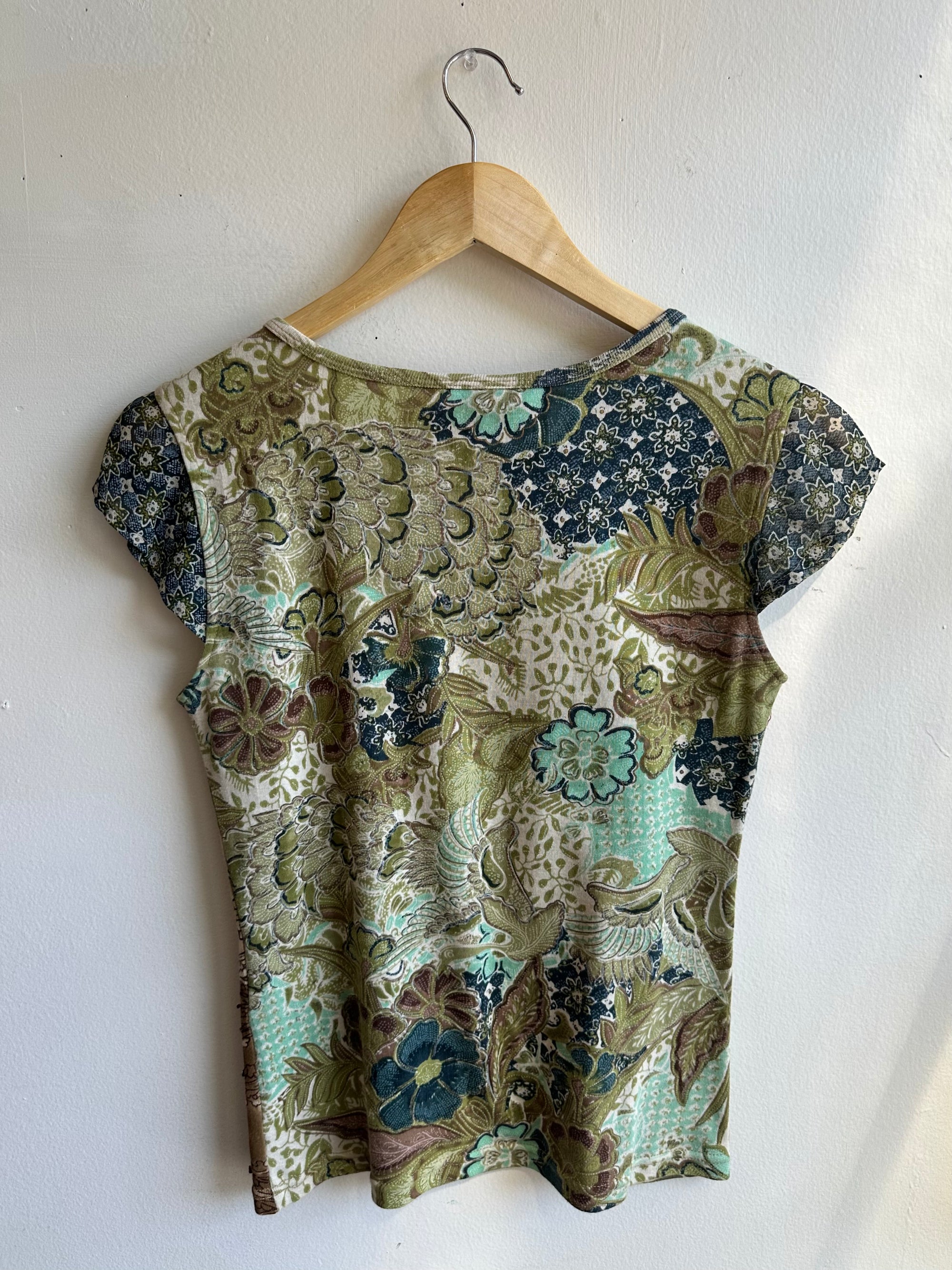 Vintage Y2K Boho Patchwork Cap Sleeve Top | Size Small