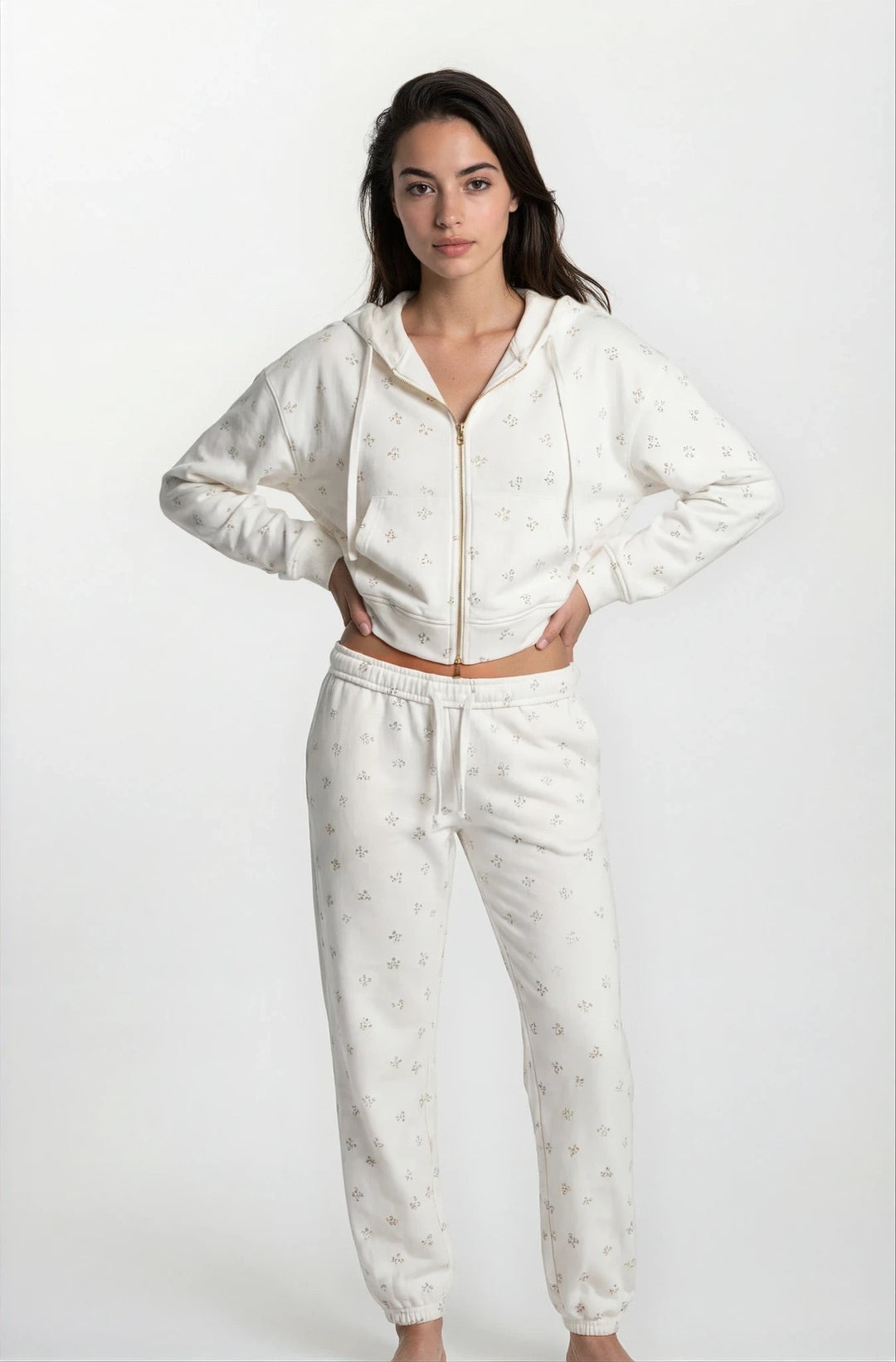 Camille – Cotton Signature Print Zip Hoodie &amp; Jogger Leisure Set 2PC In Floral