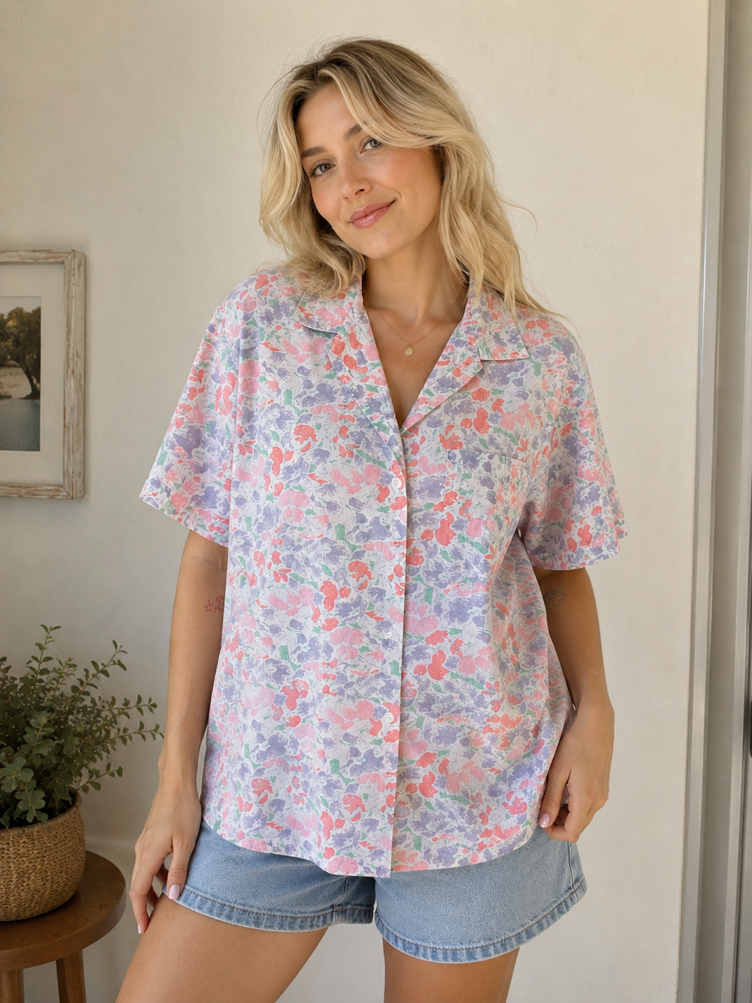 Vintage Pastel Floral Button-Up Blouse