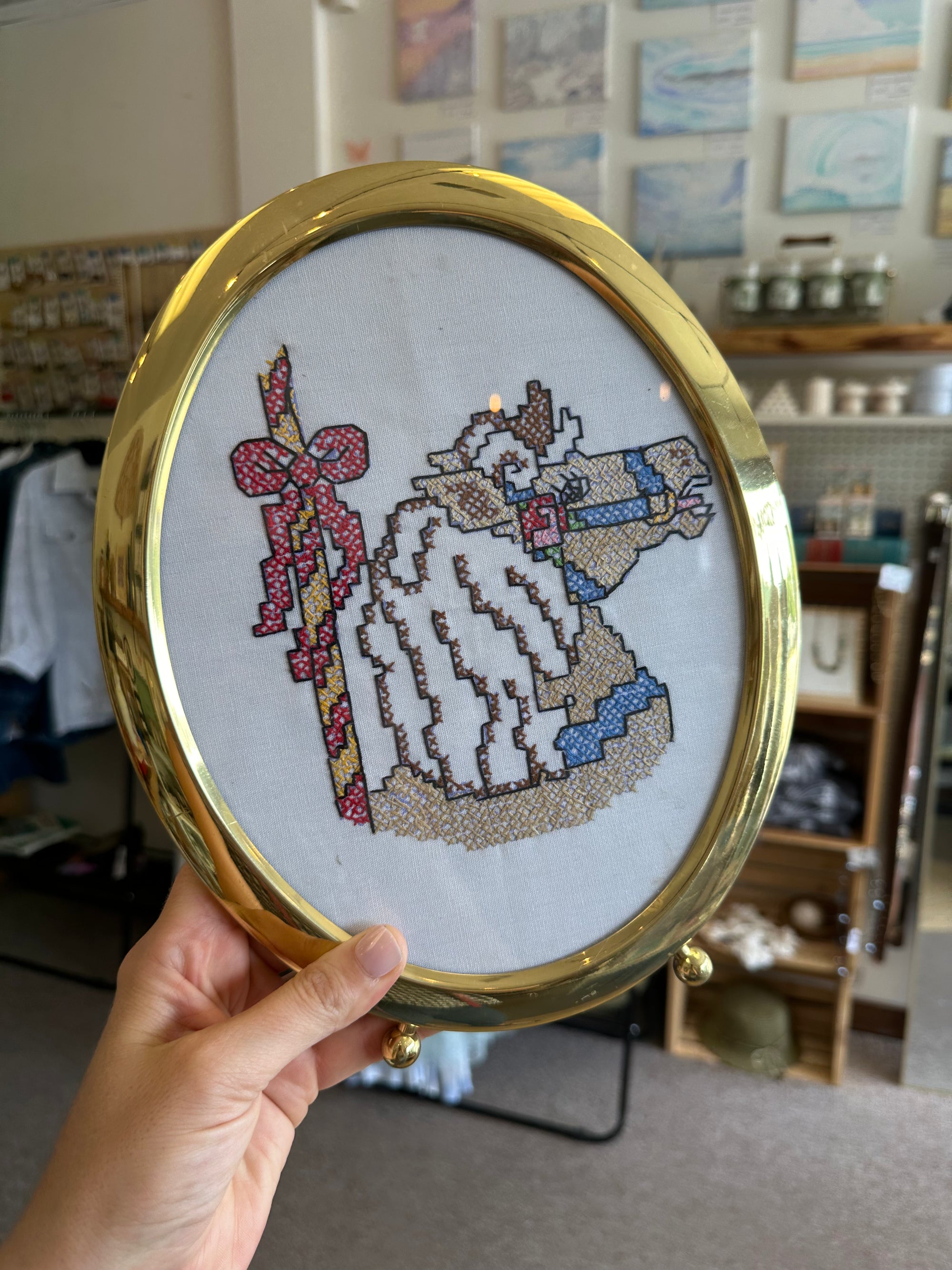 Vintage Cross-Stitch Horse & Rider in Brass Oval Frame