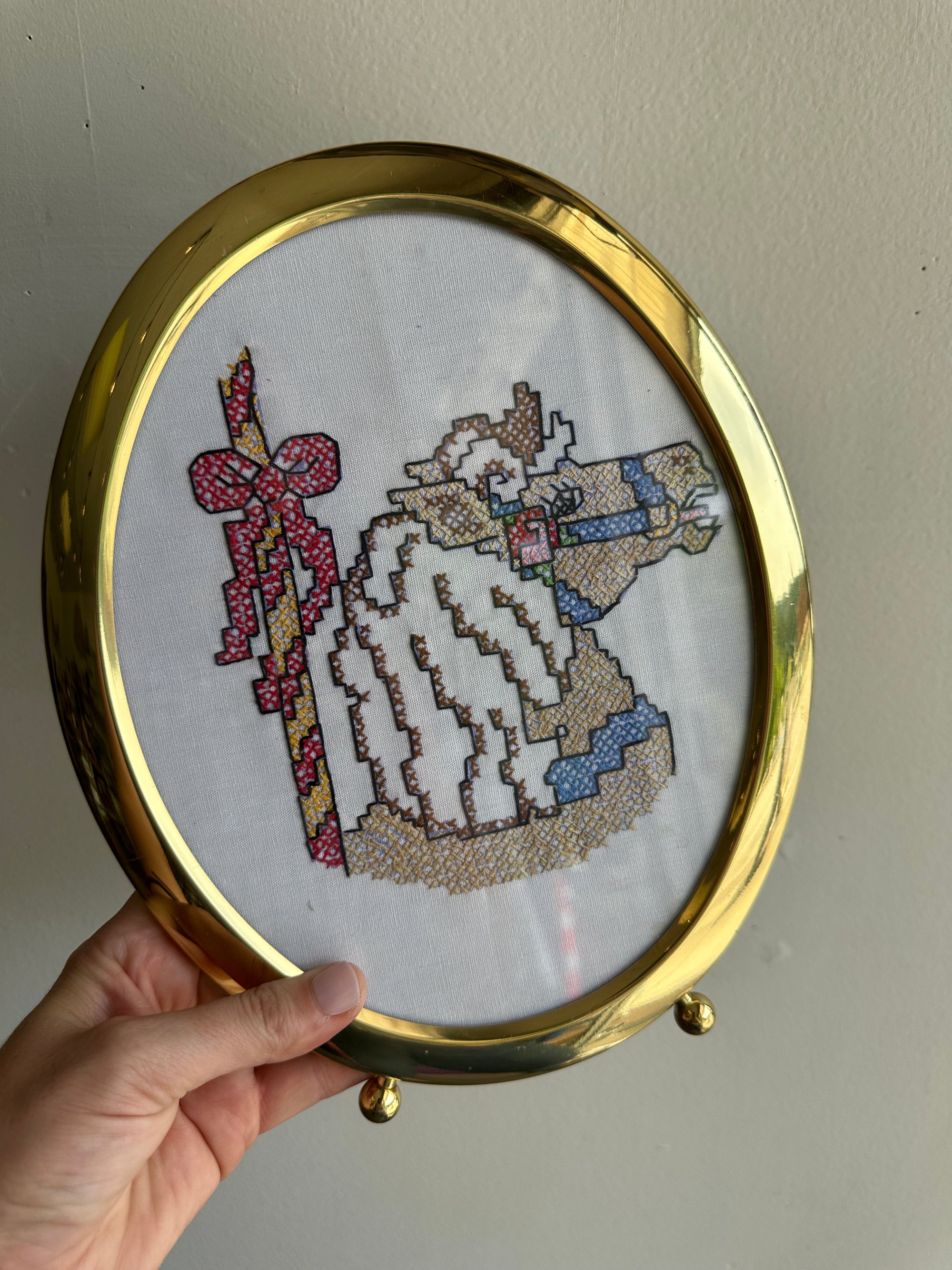 Vintage Cross-Stitch Horse & Rider in Brass Oval Frame