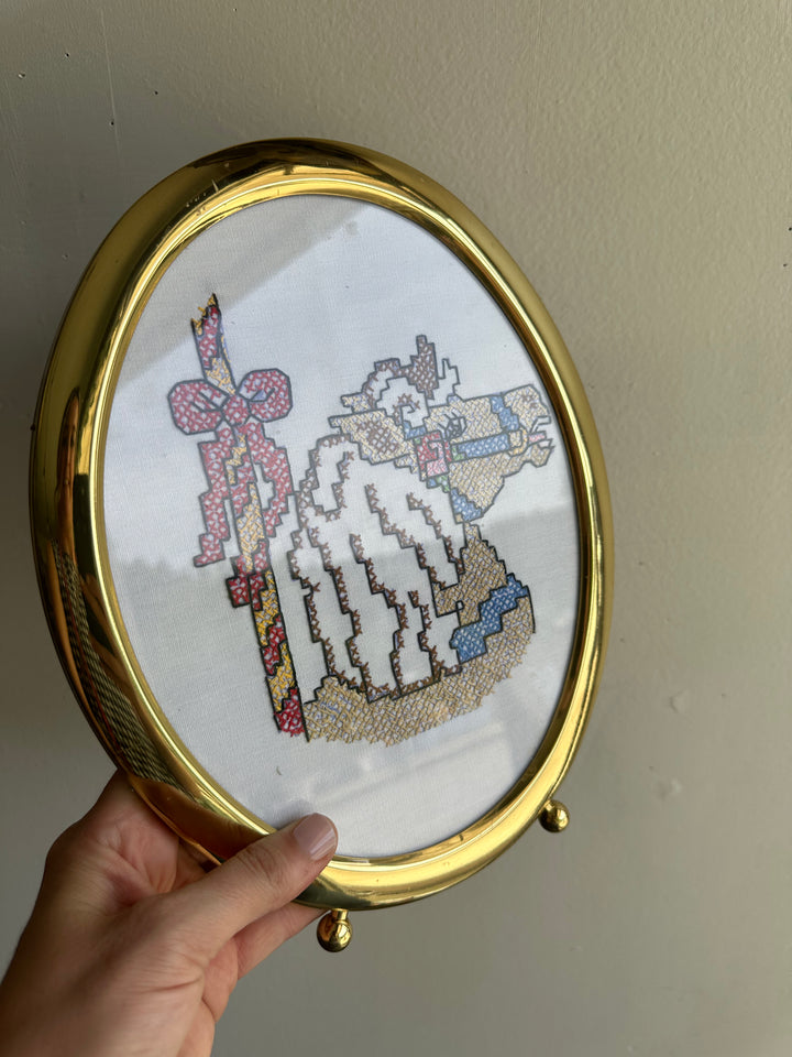 Vintage Cross-Stitch Horse & Rider in Brass Oval Frame