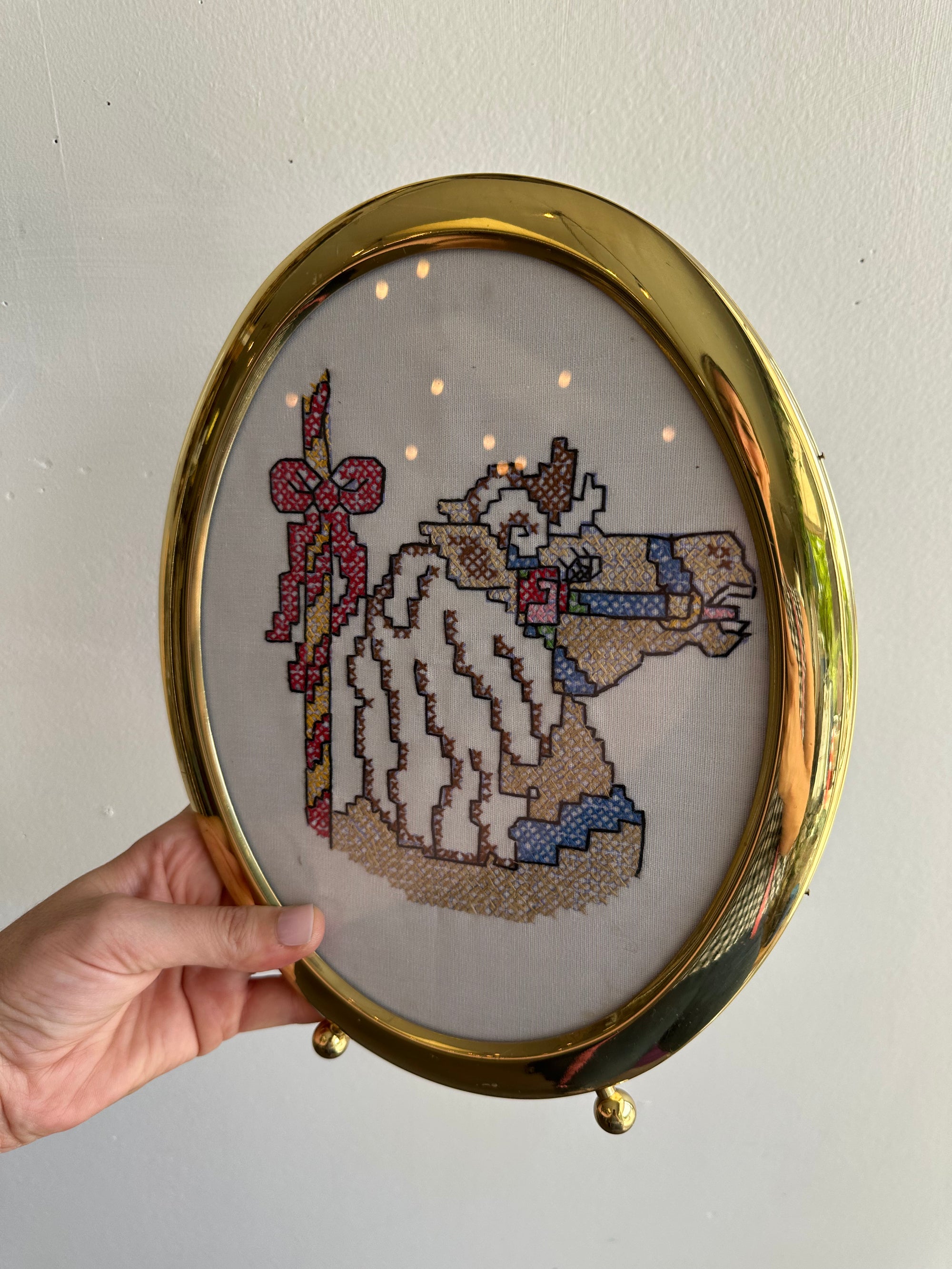 Vintage Cross-Stitch Horse & Rider in Brass Oval Frame