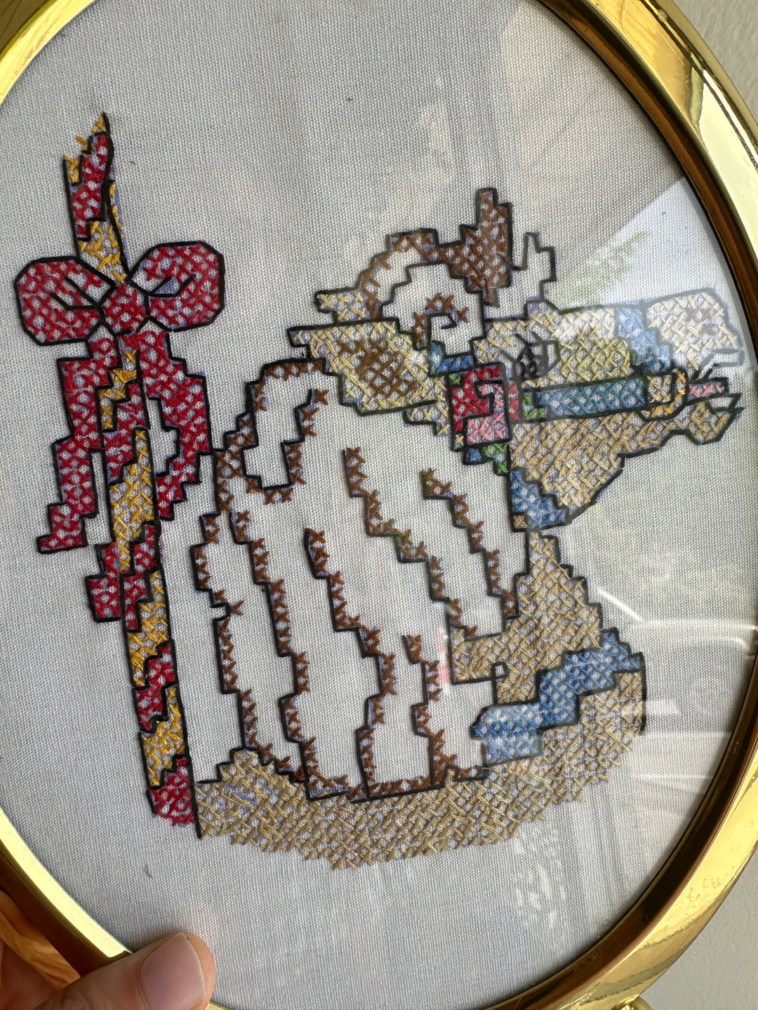 Vintage Cross-Stitch Horse & Rider in Brass Oval Frame
