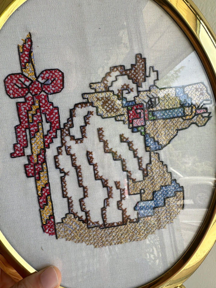 Vintage Cross-Stitch Horse & Rider in Brass Oval Frame
