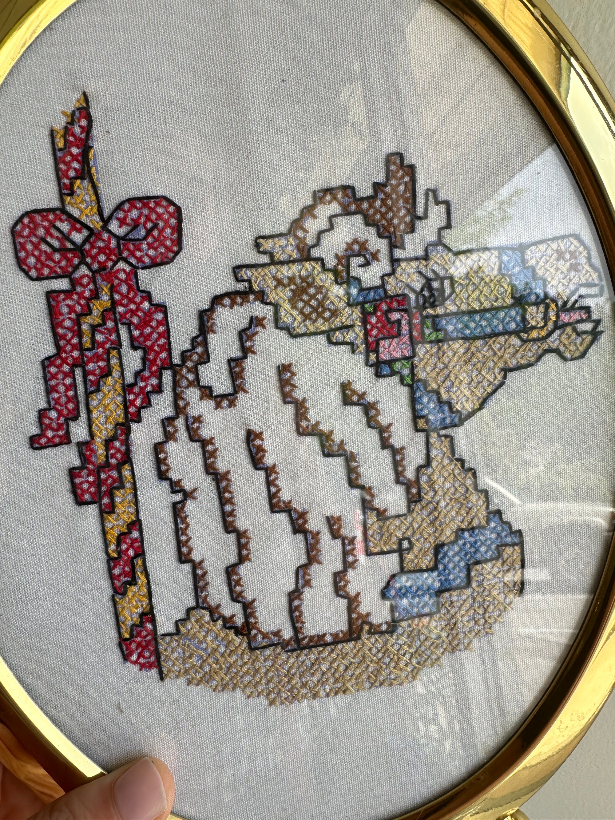 Vintage Cross-Stitch Horse & Rider in Brass Oval Frame