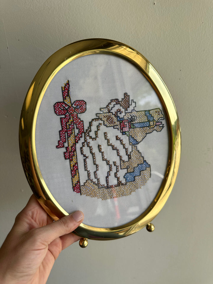 Vintage Cross-Stitch Horse & Rider in Brass Oval Frame