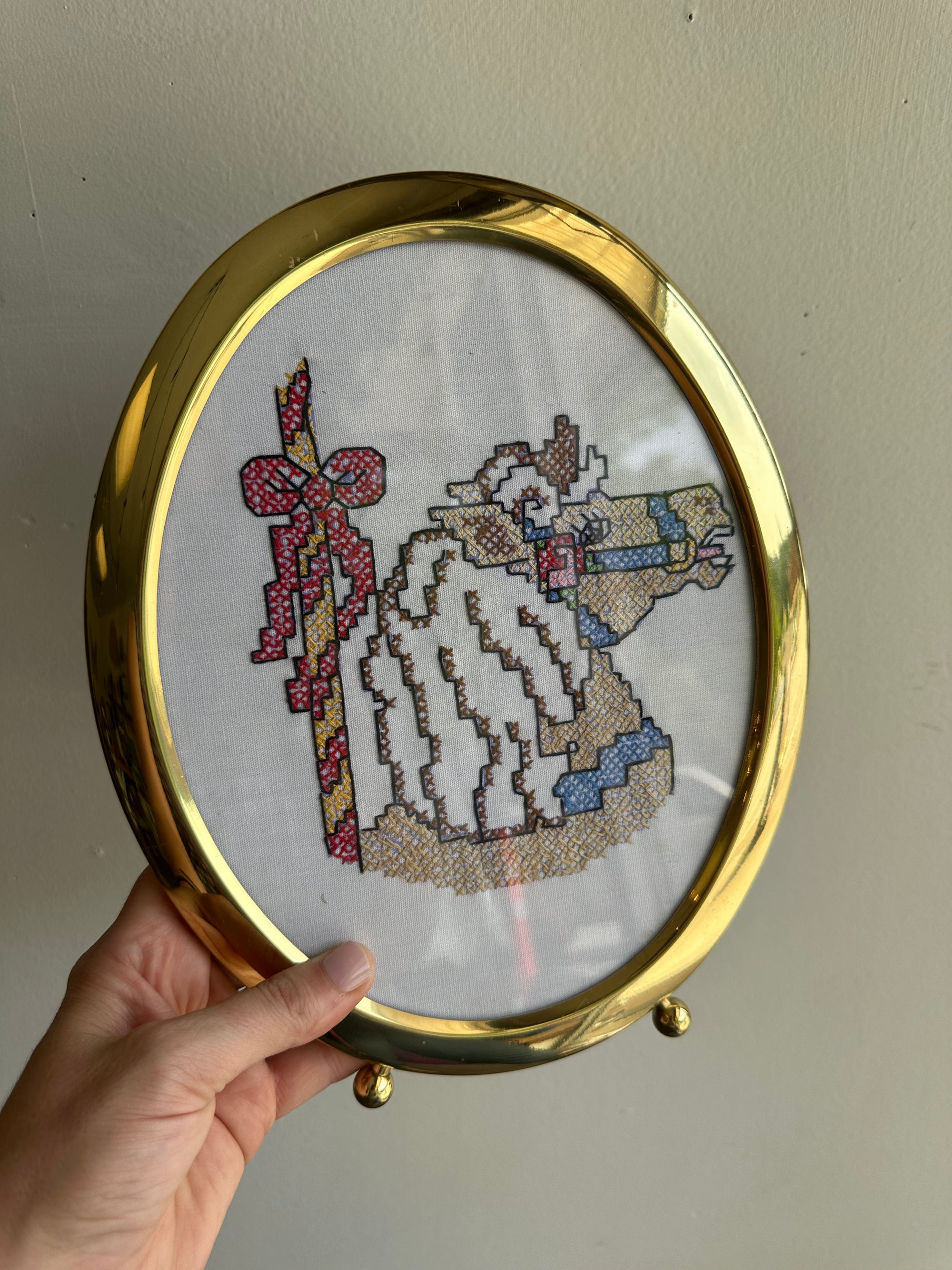 Vintage Cross-Stitch Horse & Rider in Brass Oval Frame