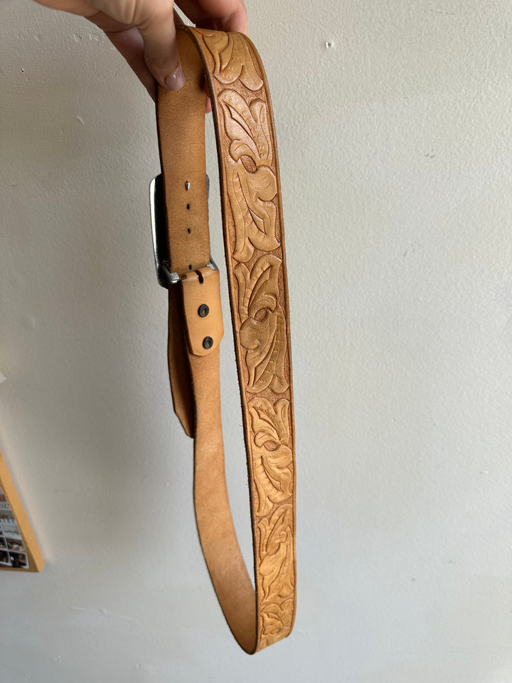 Tooled Leather Belt with Ornate Citrine Buckle