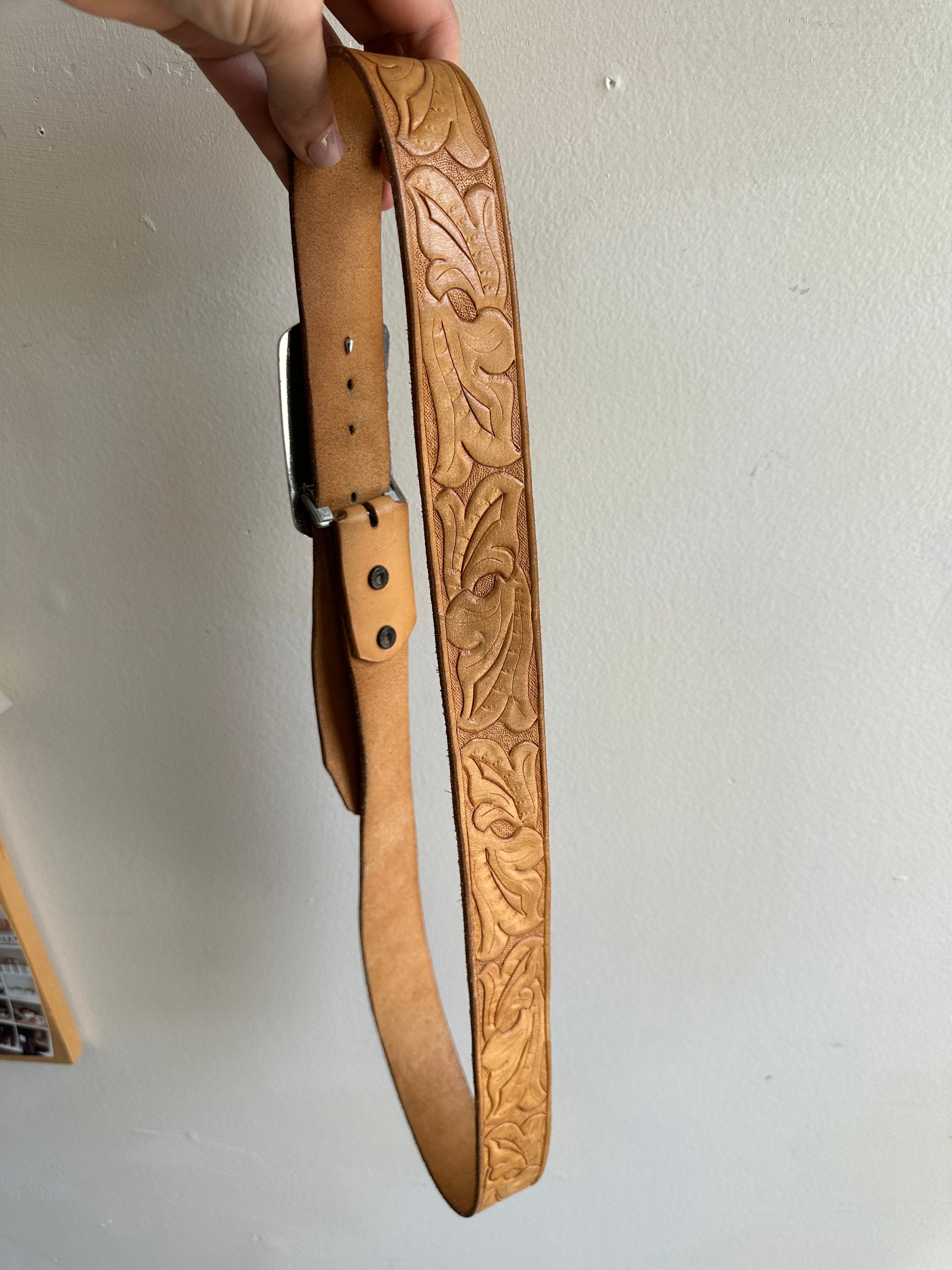 Tooled Leather Belt with Ornate Citrine Buckle
