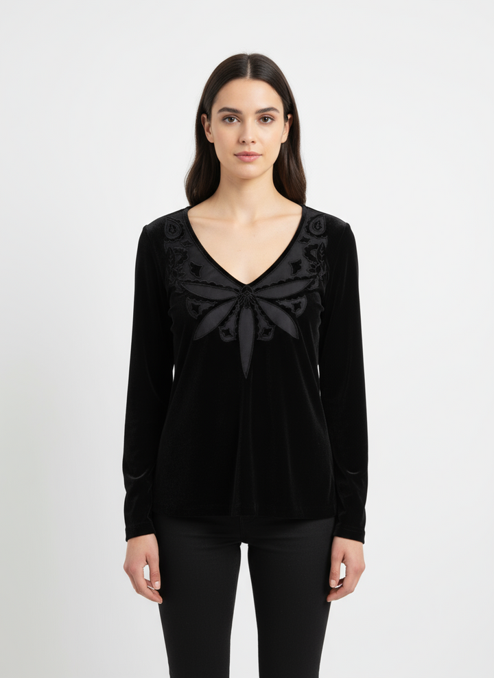 Vintage Black Velvet Butterfly Blouse | Size Large