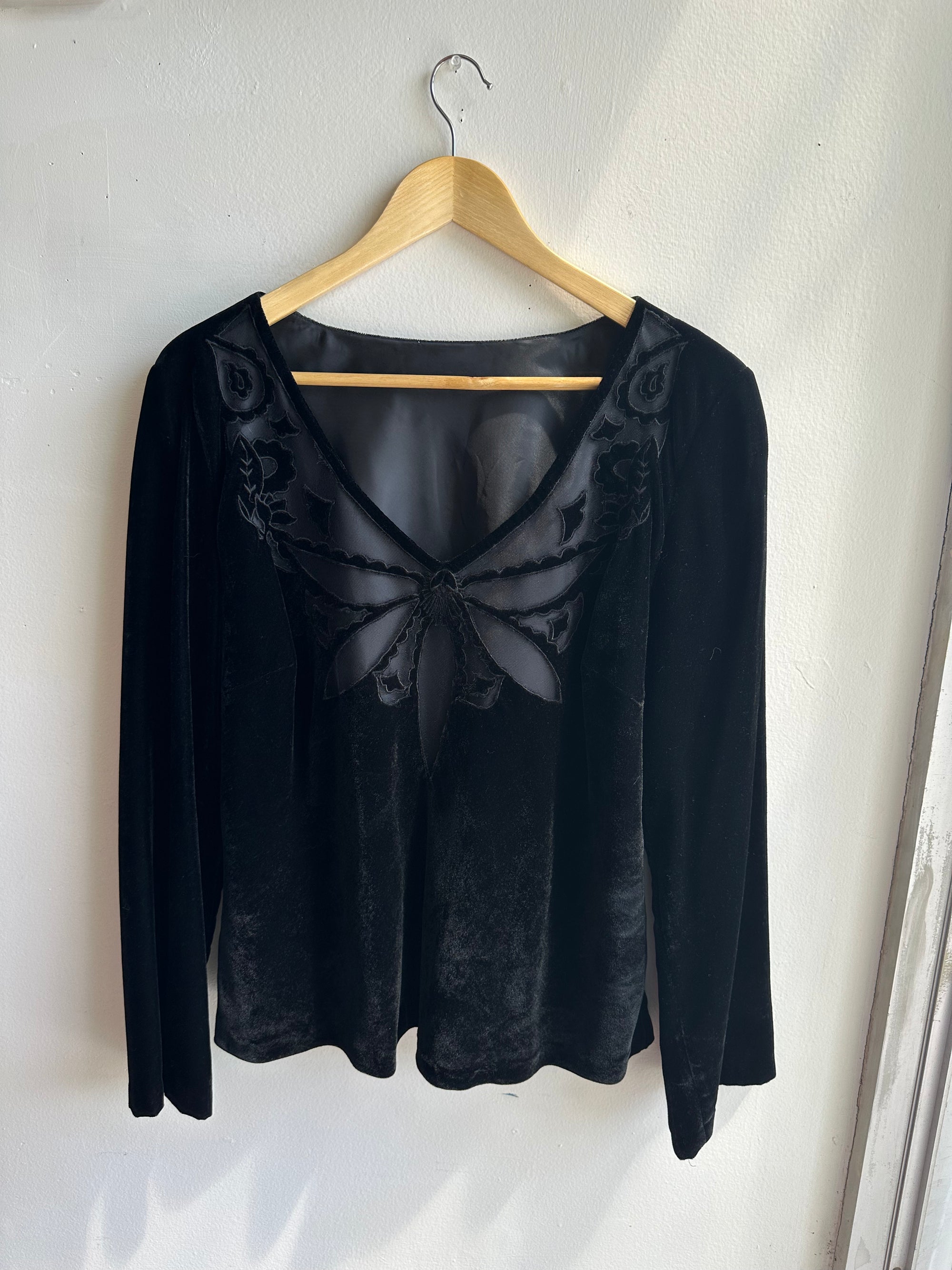 Vintage Black Velvet Butterfly Blouse | Size Large