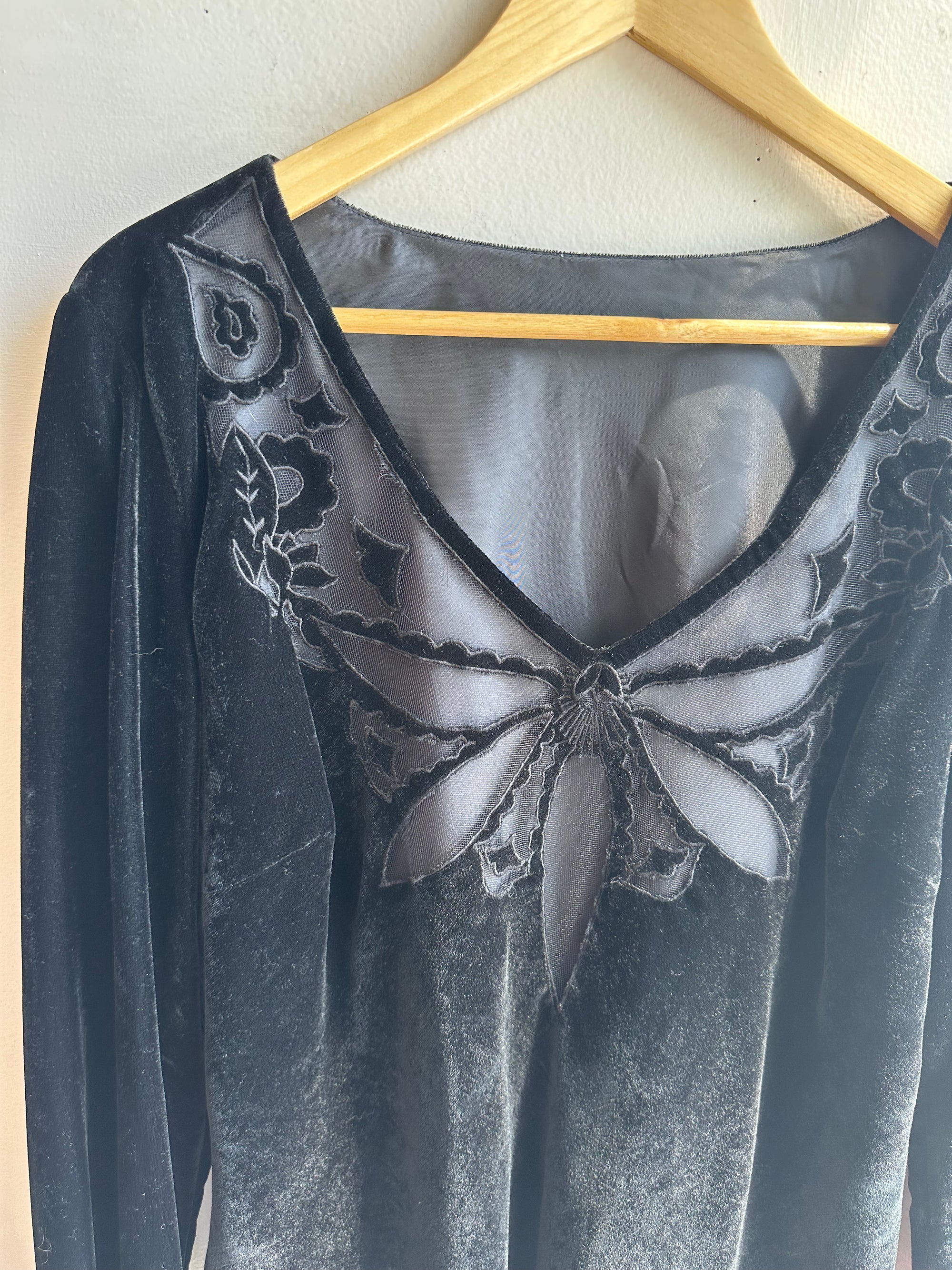 Vintage Black Velvet Butterfly Blouse | Size Large