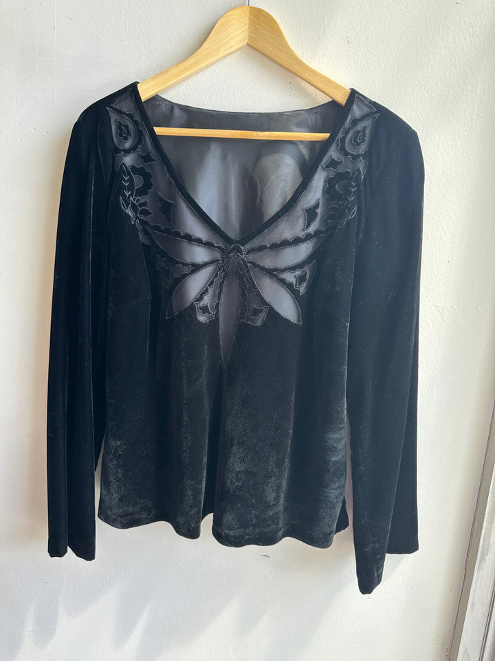 Vintage Black Velvet Butterfly Blouse | Size Large
