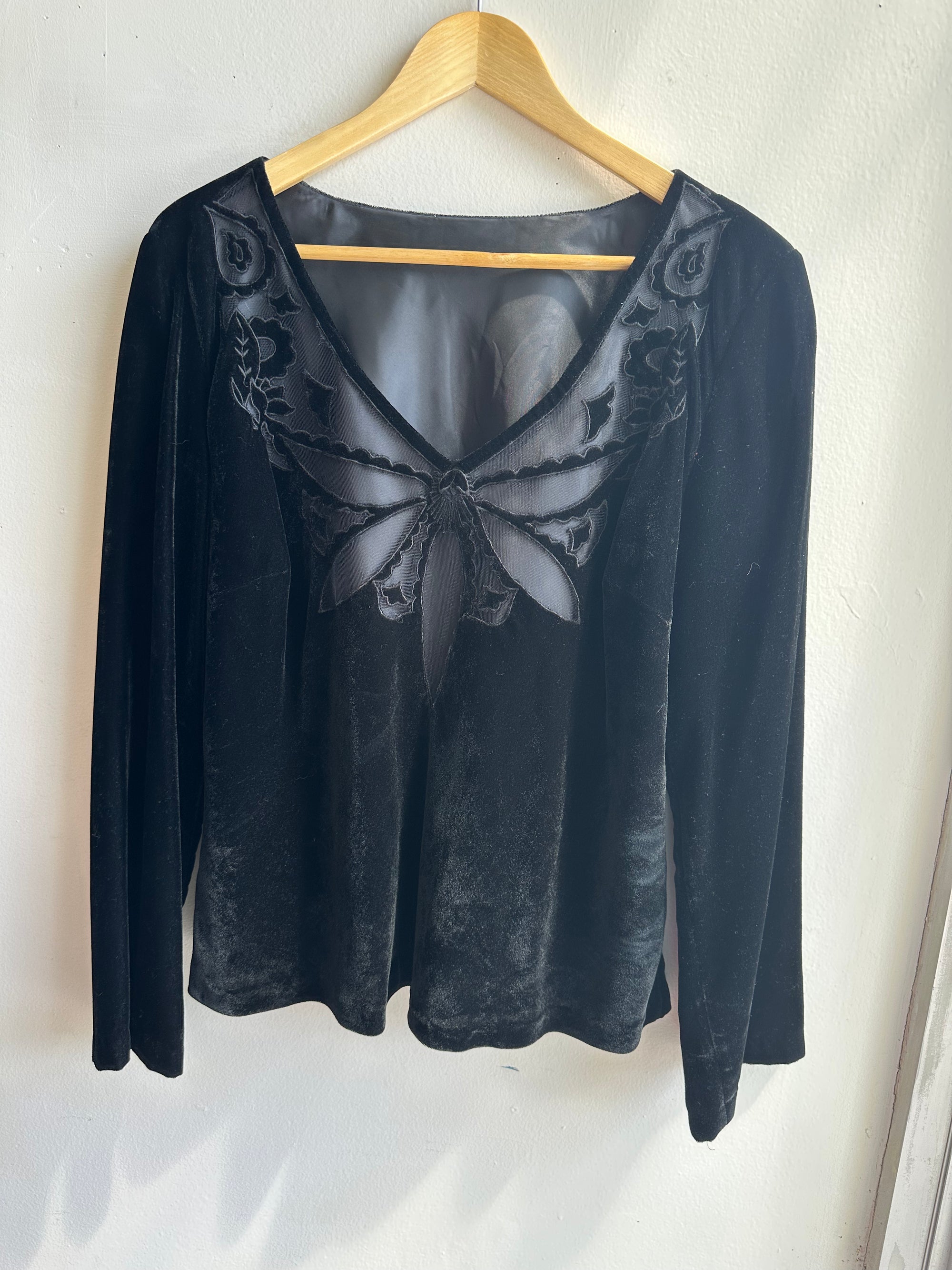 Vintage Black Velvet Butterfly Blouse | Size Large