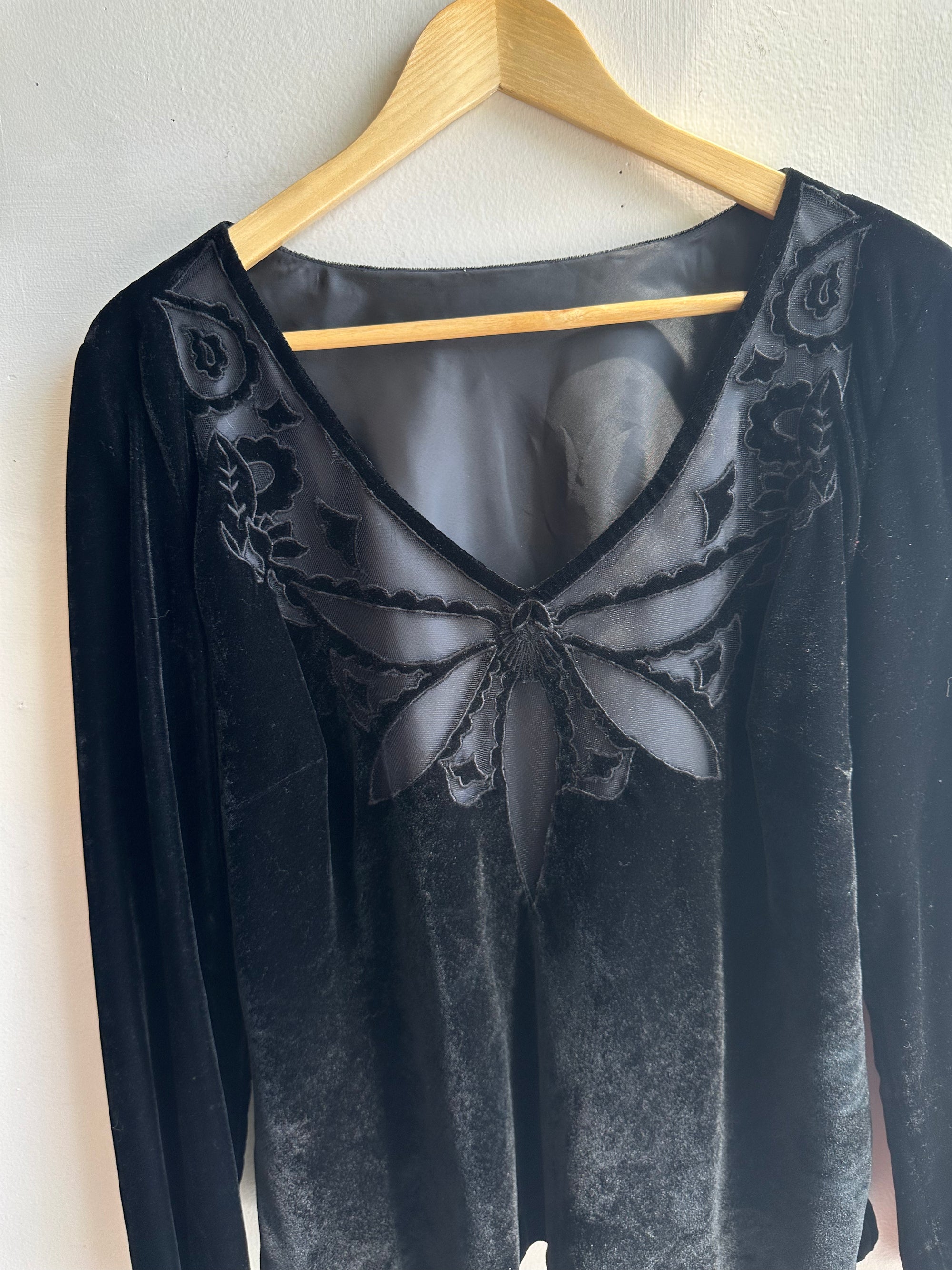 Vintage Black Velvet Butterfly Blouse | Size Large