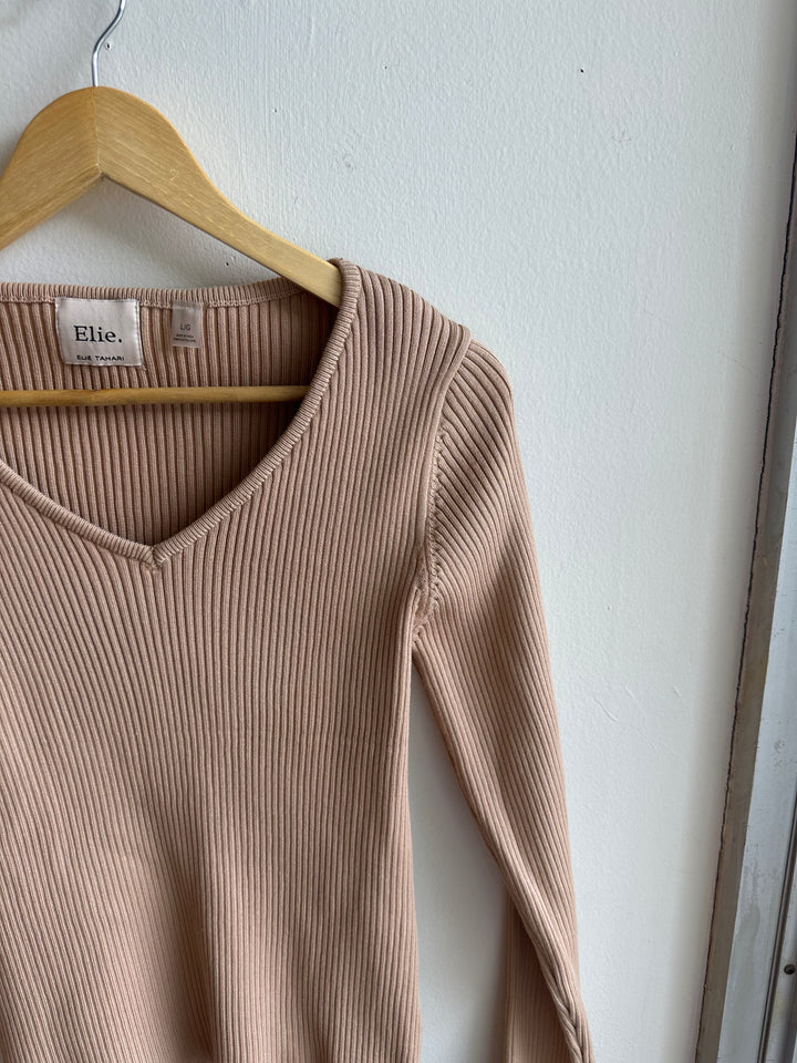 Elie Ribbed Knit Top in Blush Beige – Size Large