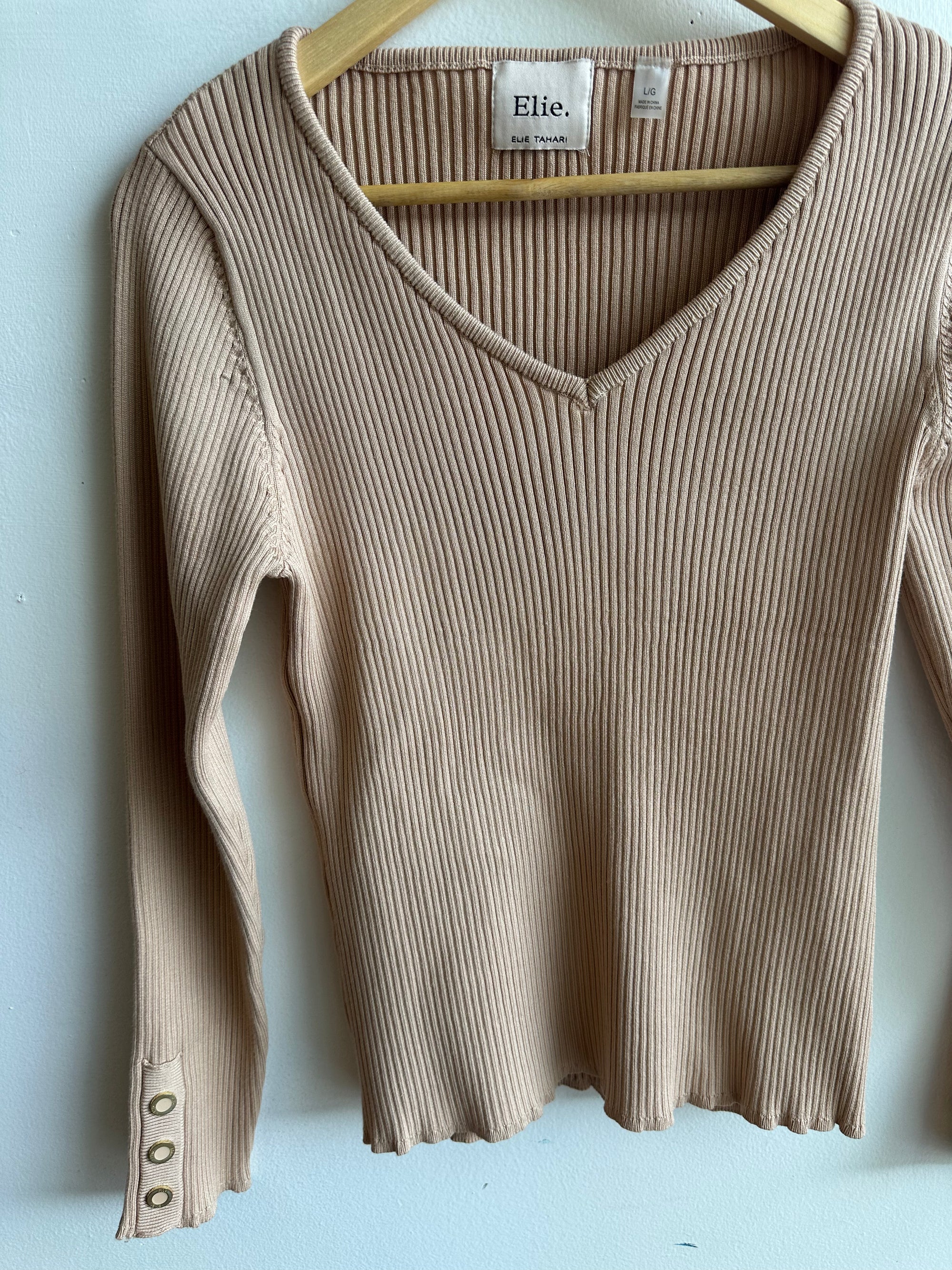 Elie Ribbed Knit Top in Blush Beige – Size Large
