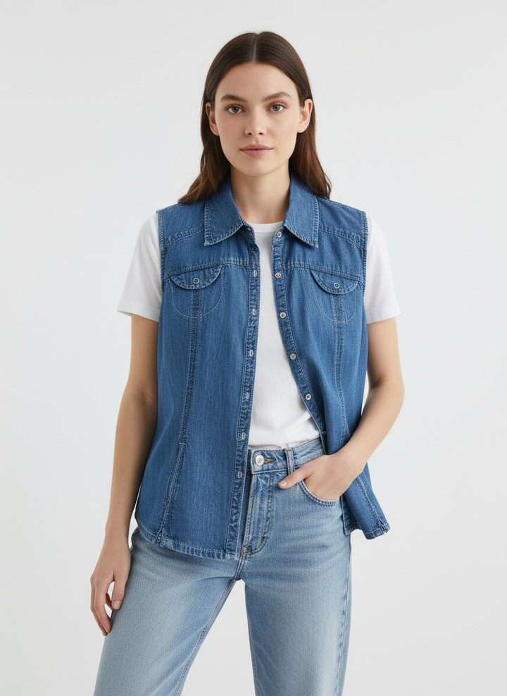 Vintage Denim Sleeveless Button-Up – American Essentials | Size 16/18