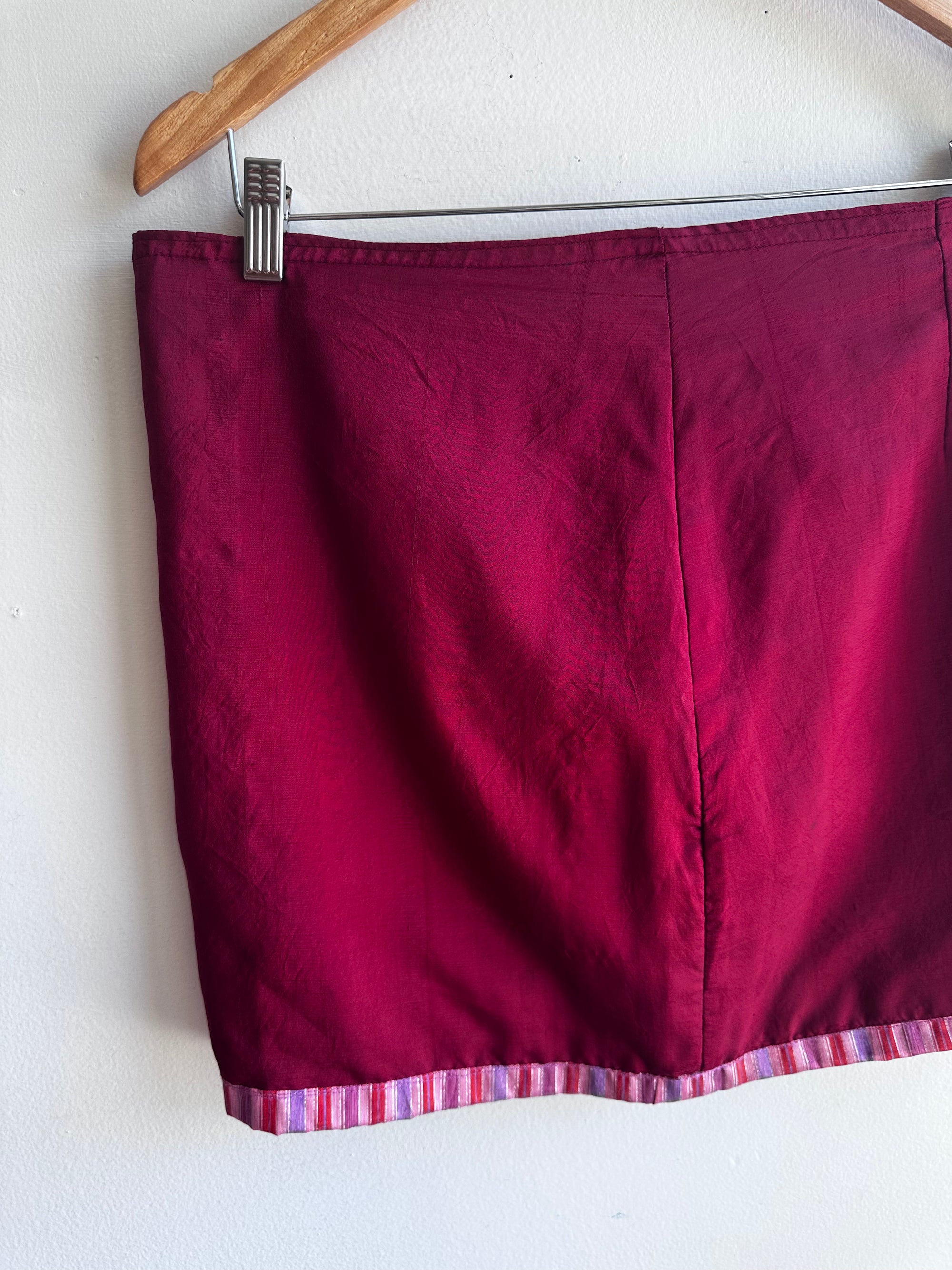 Handmade Cherry Red Mini Skirt with Striped Hem – Size Large