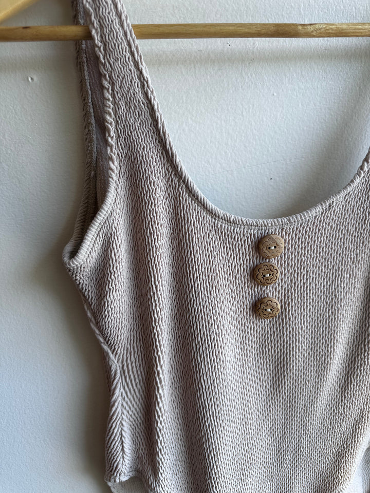 Vintage Textured Button-Front One-Piece Swimsuit – Size Large