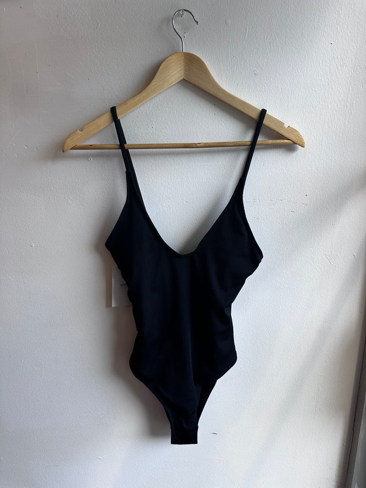 Black Ribbed Tie-Back One-Piece – Size Medium