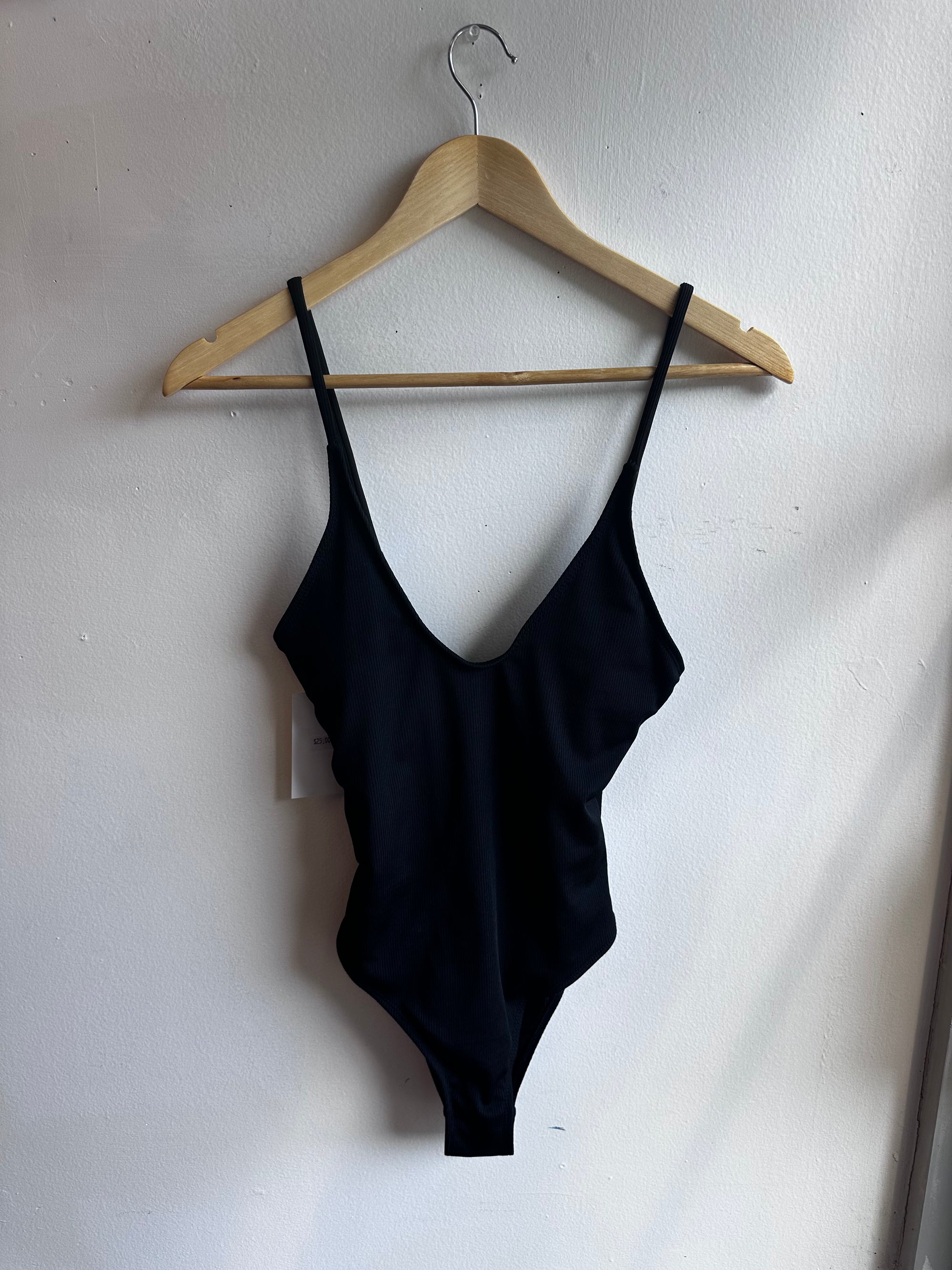 Black Ribbed Tie-Back One-Piece – Size Medium