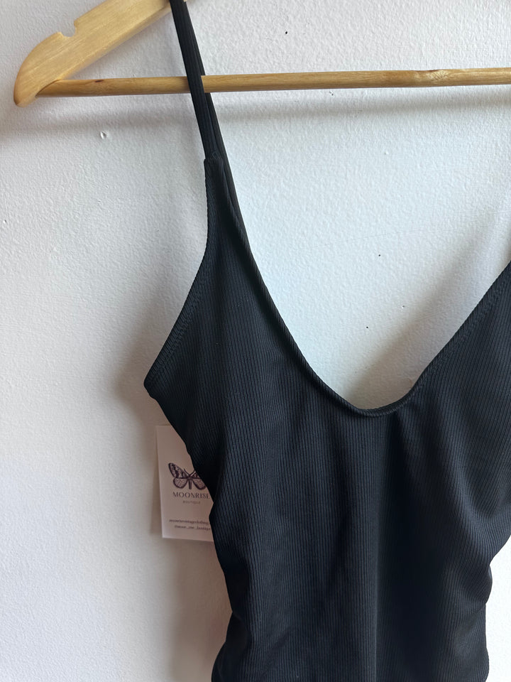 Black Ribbed Tie-Back One-Piece – Size Medium