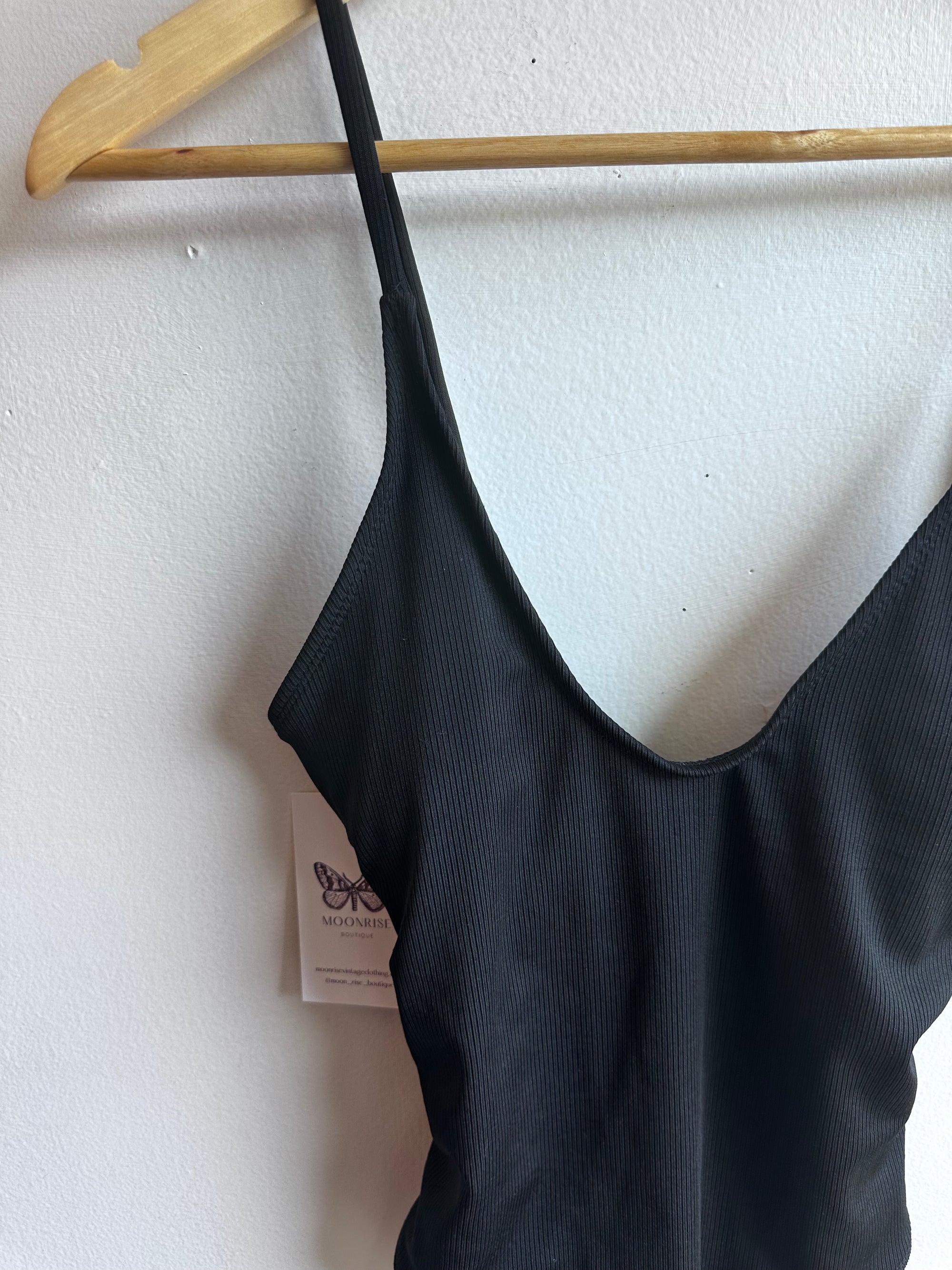 Black Ribbed Tie-Back One-Piece – Size Medium
