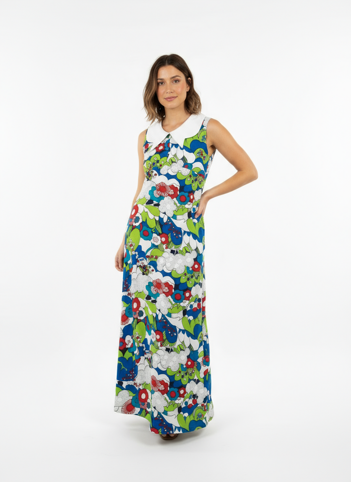 Vintage 1960s Floral Mod Maxi Dress with White Peter Pan Collar | Size Small