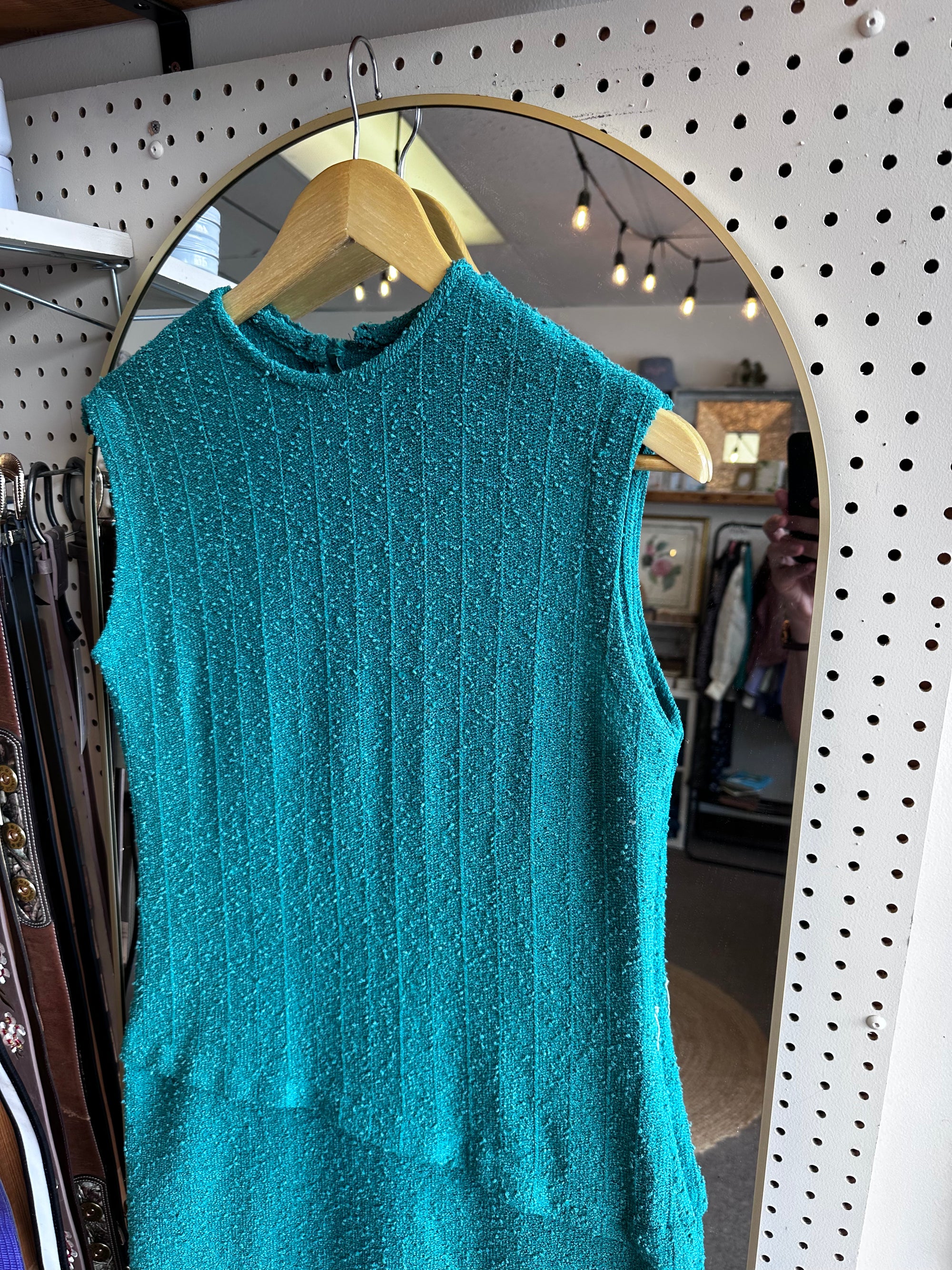 Vintage 1960s Teal Bouclé Knit Shift Dress | Size Medium