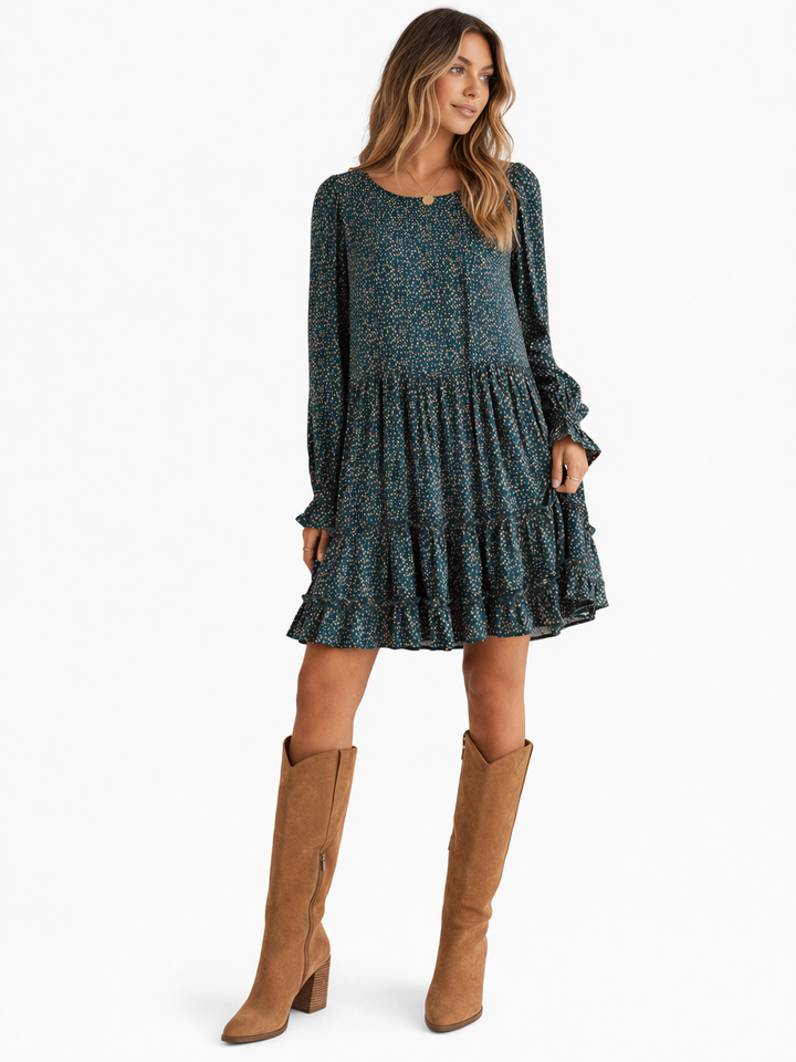 Lush Teal Dotted Ruffle Mini Dress
