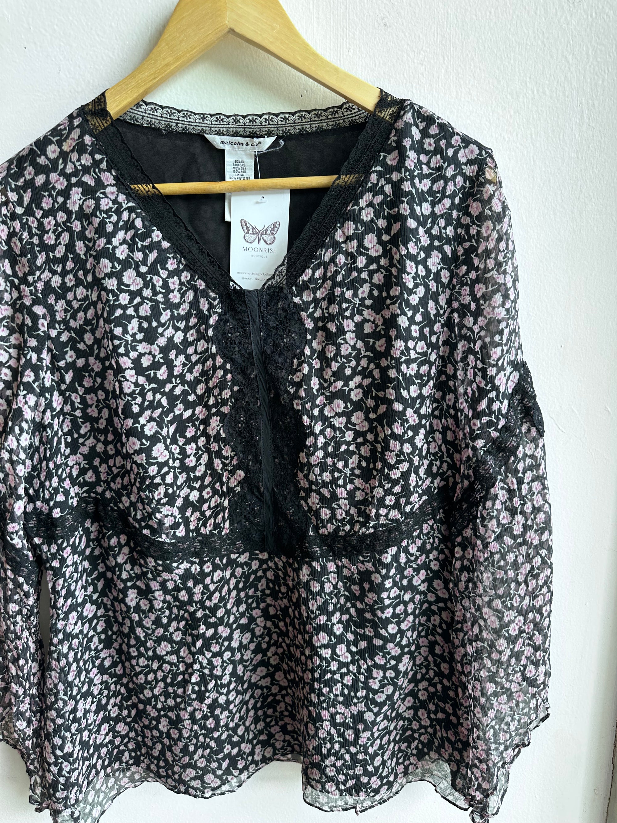 Vintage Malcolm & Co 100% Silk Sheer Floral Blouse – Size XL