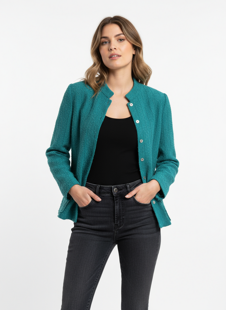 Vintage Leslie Fay Teal Bouclé Button-Up Jacket – Size Medium