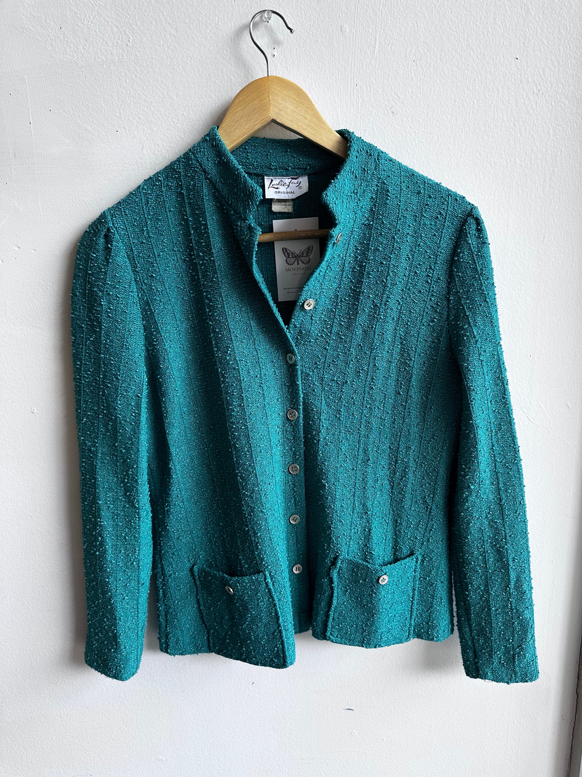 Vintage Leslie Fay Teal Bouclé Button-Up Jacket – Size Medium