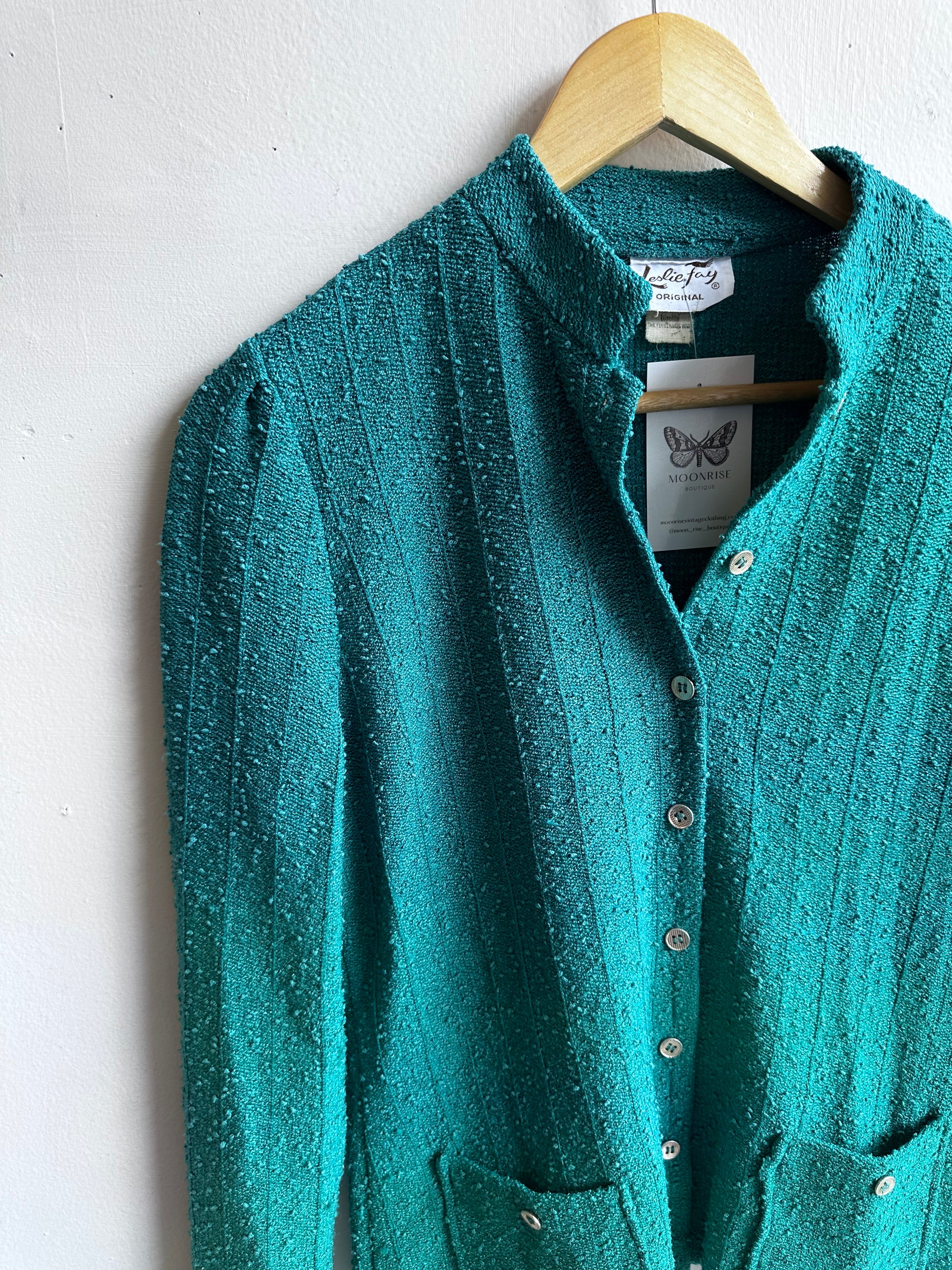 Vintage Leslie Fay Teal Bouclé Button-Up Jacket – Size Medium