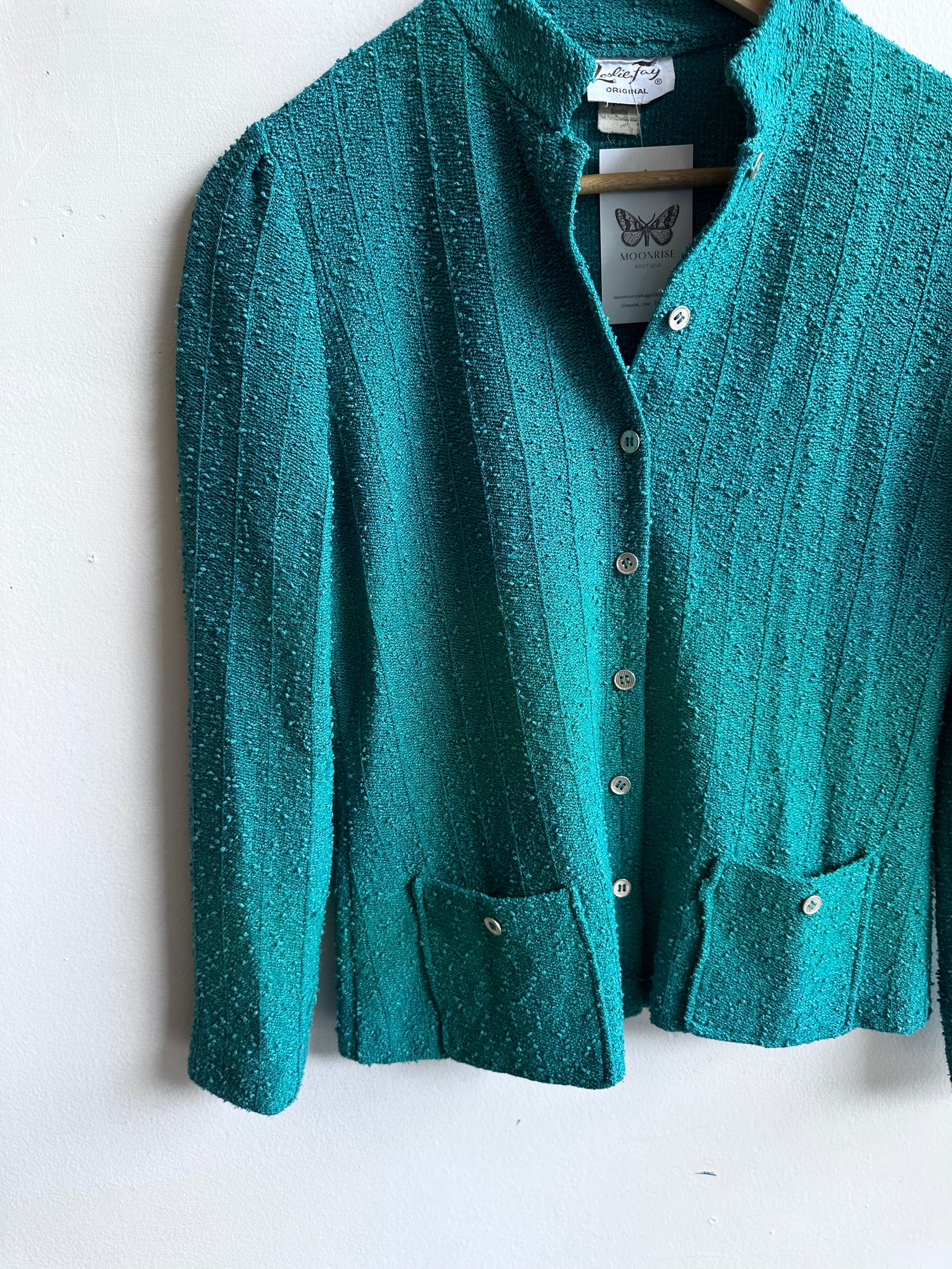 Vintage Leslie Fay Teal Bouclé Button-Up Jacket – Size Medium