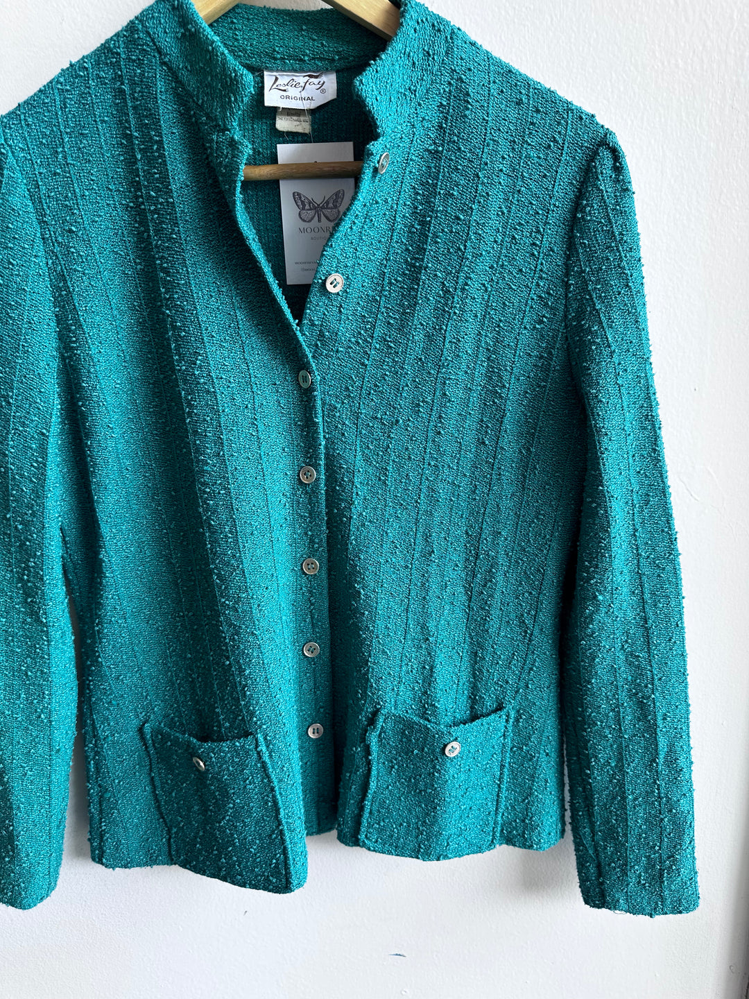 Vintage Leslie Fay Teal Bouclé Button-Up Jacket – Size Medium