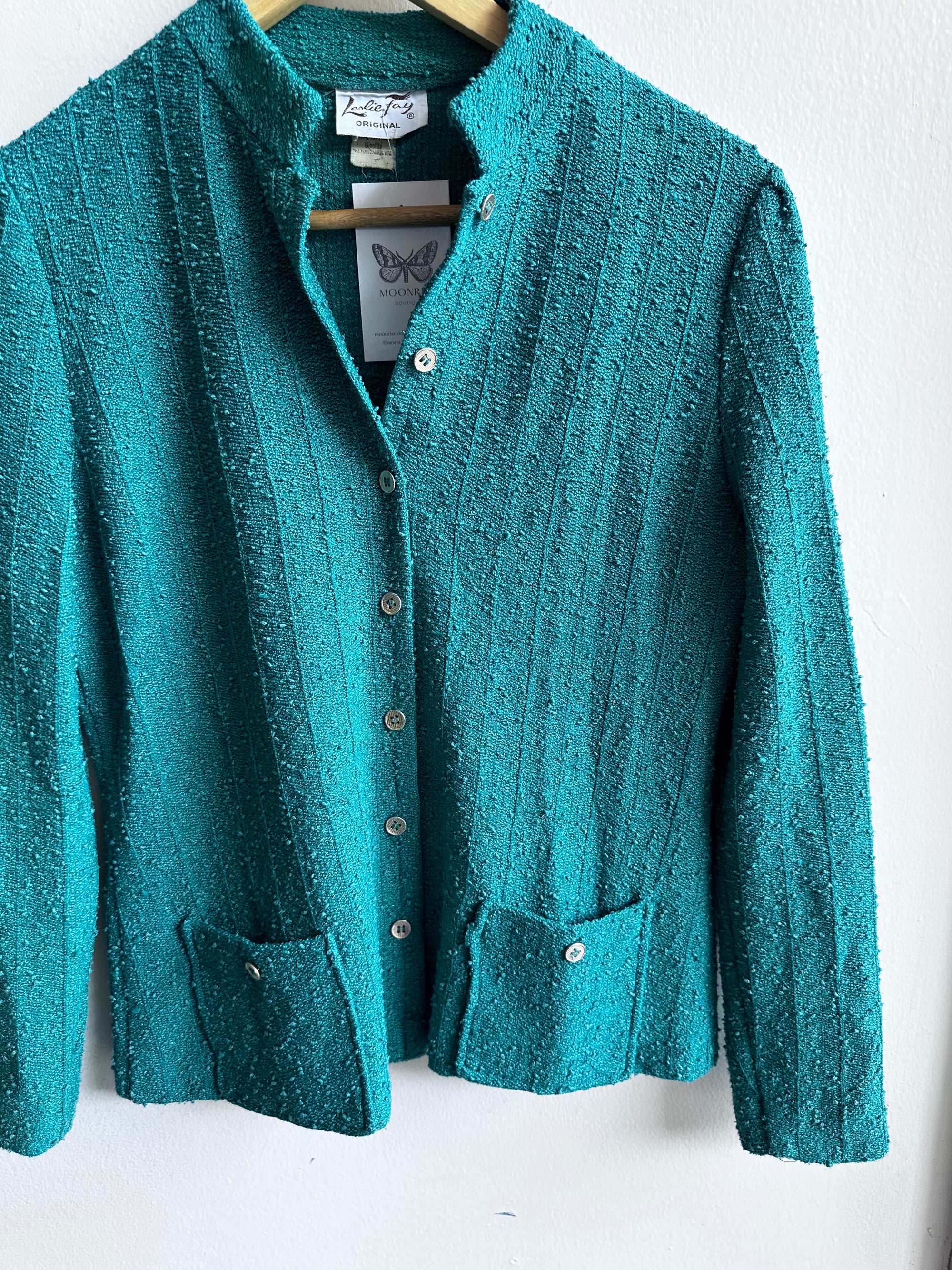 Vintage Leslie Fay Teal Bouclé Button-Up Jacket – Size Medium