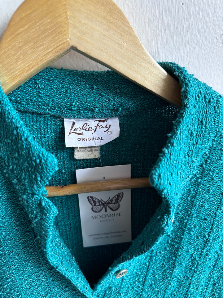 Vintage Leslie Fay Teal Bouclé Button-Up Jacket – Size Medium